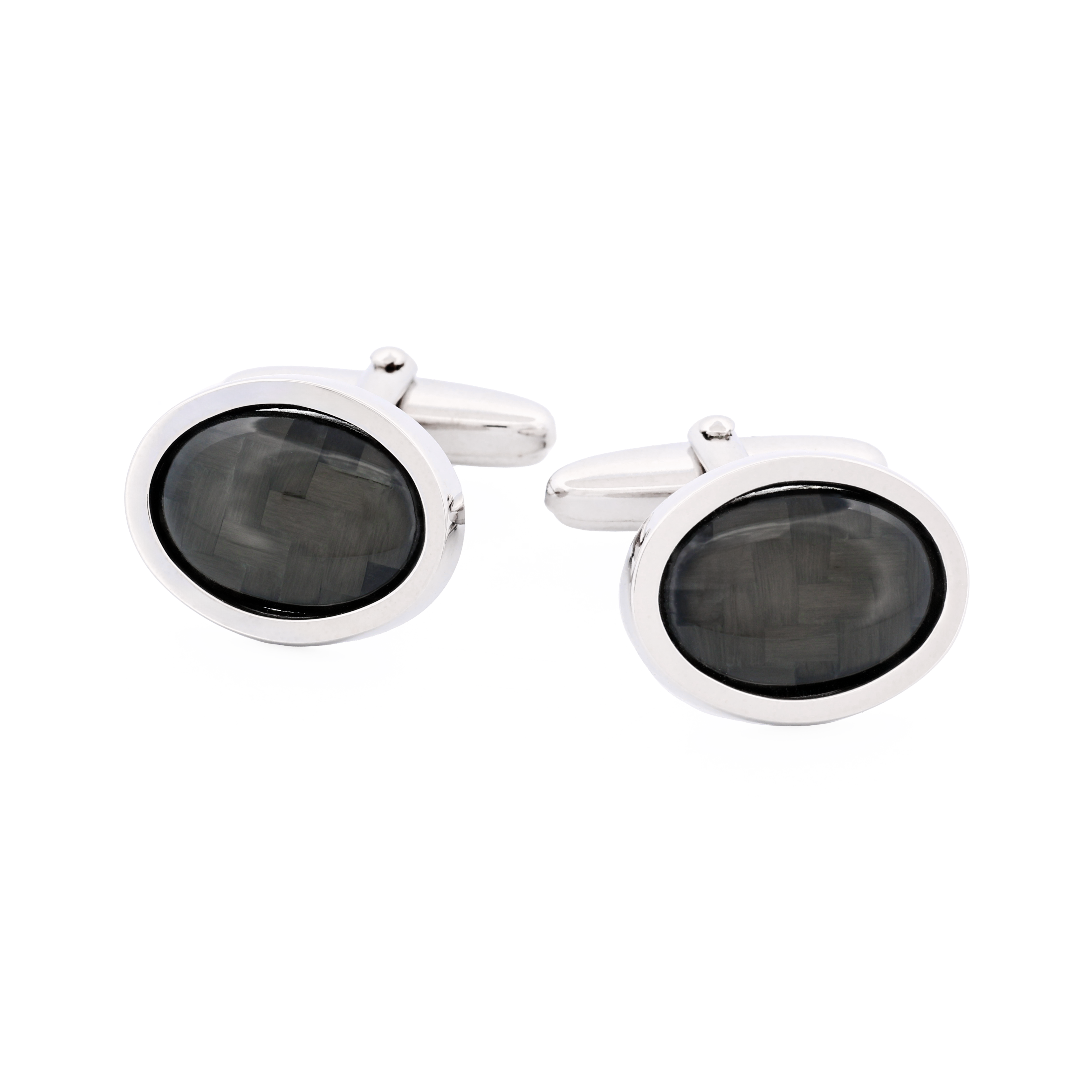 Rhodium Plated Carbon Fibre Oval Cufflinks