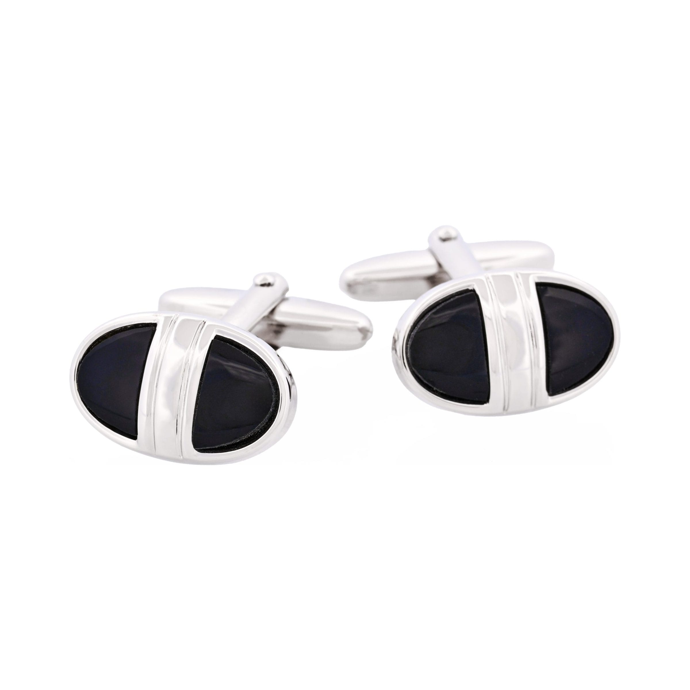 Polished Rhodium Plated & Black Enamel Oval Cufflinks