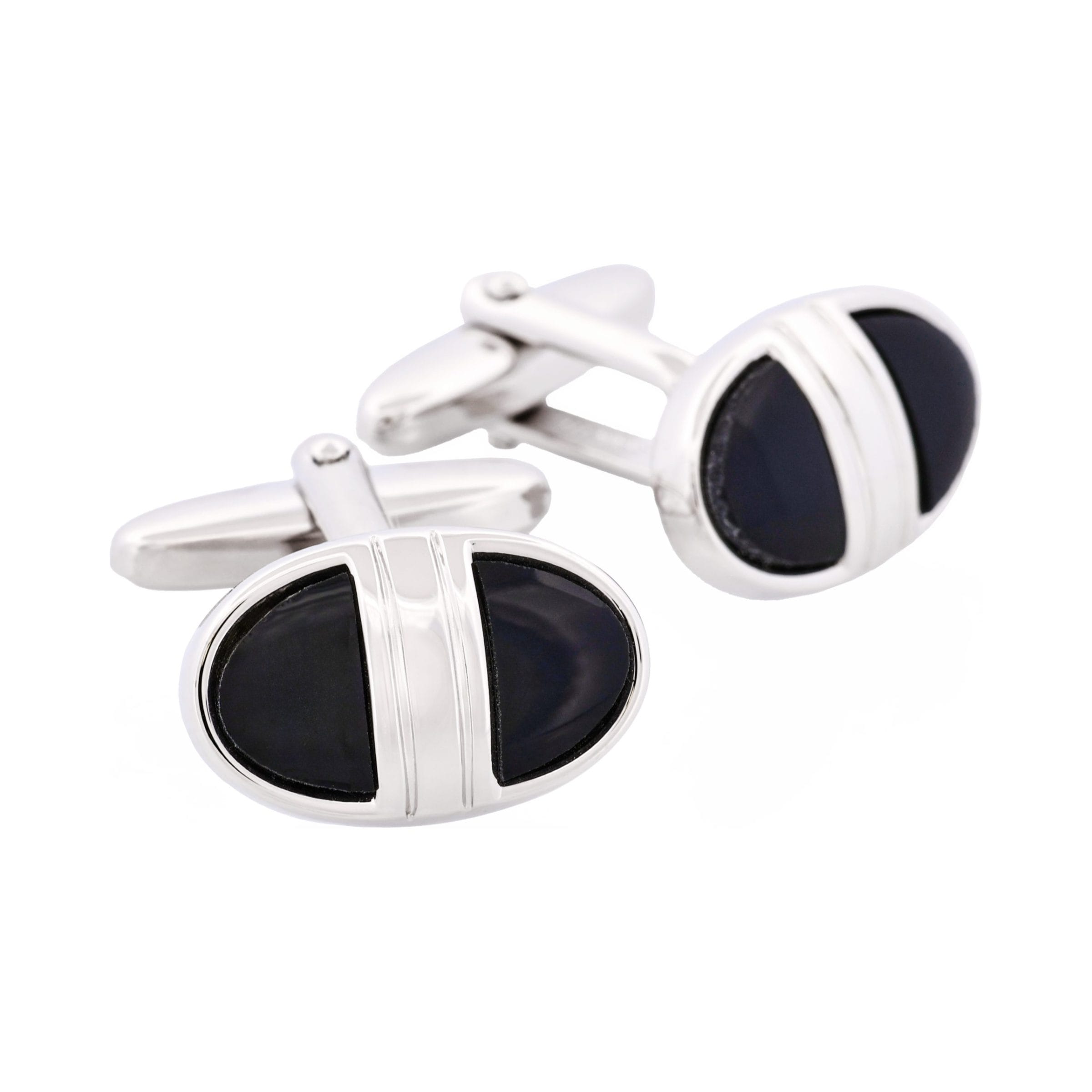 Polished Rhodium Plated & Black Enamel Oval Cufflinks
