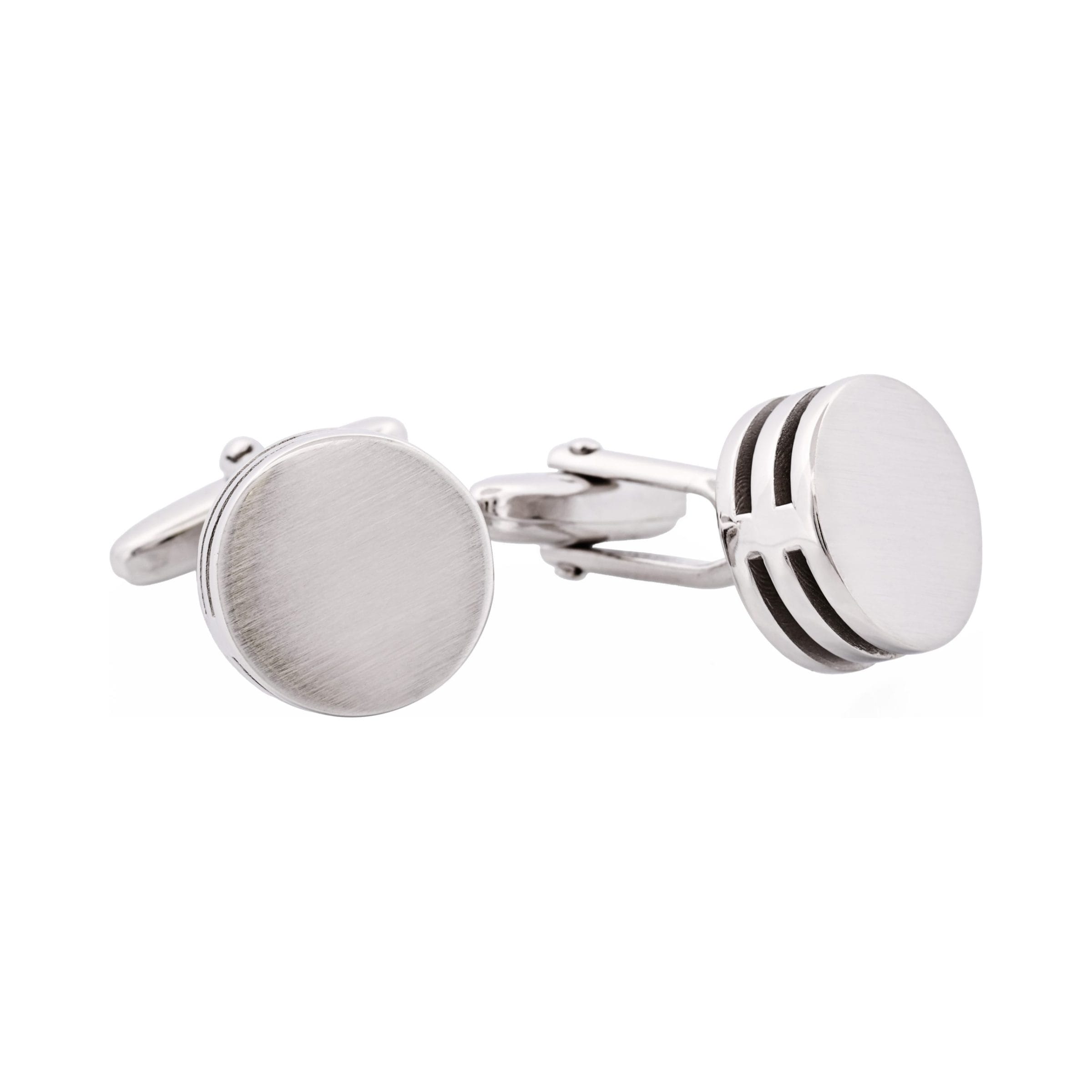 Brushed Rhodium Plated Round & Black Enamel Side Stripe Cufflinks