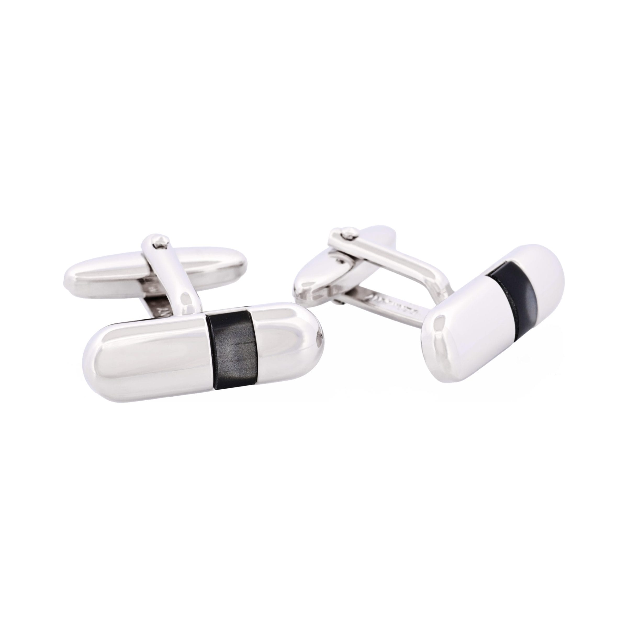 Polished Rhodium Plated Pill Shape with Grey Cat's Eye Cufflinks