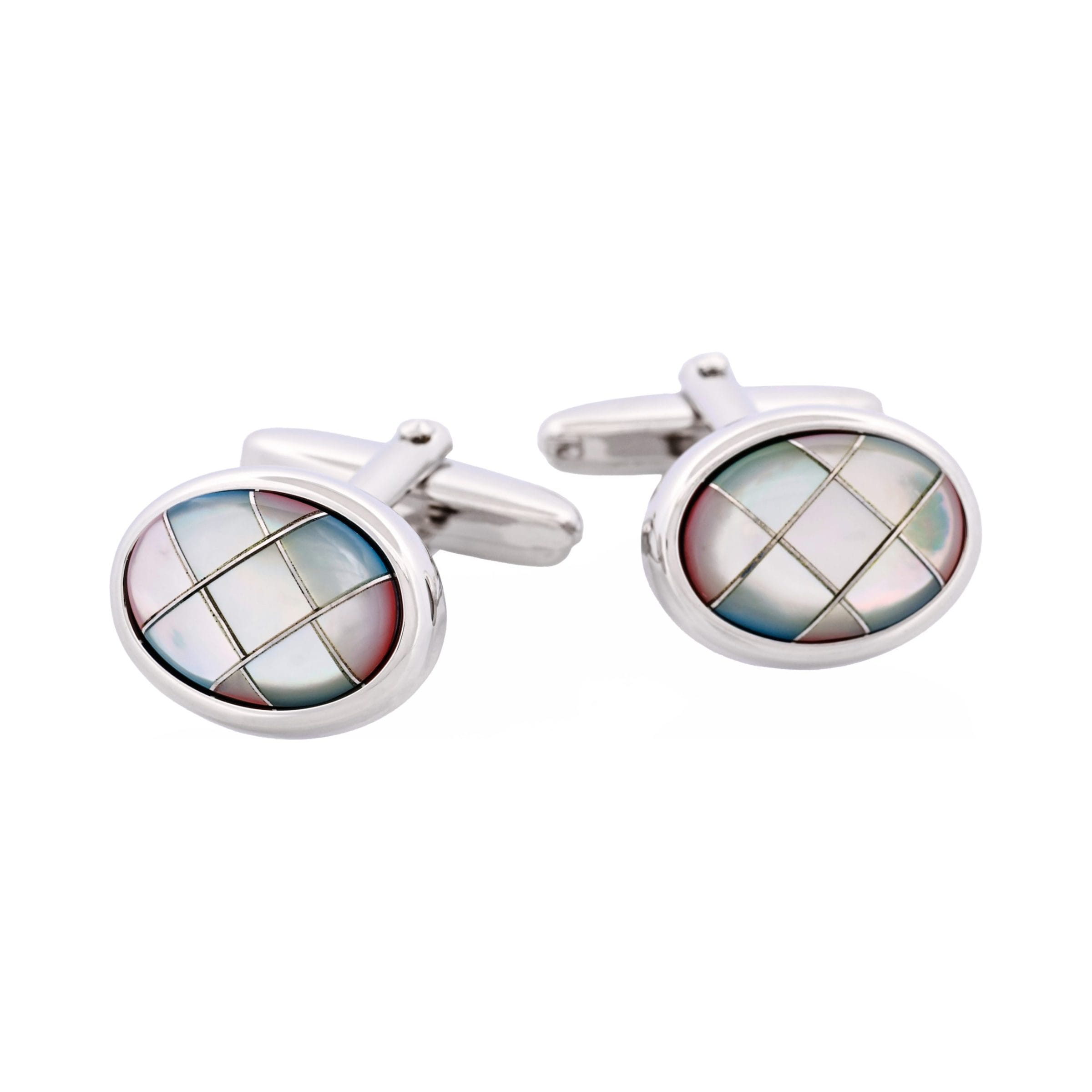 Polished Rhodium Oval Multi Coloured Mother Of Pearl Cross Patterned Cufflinks
