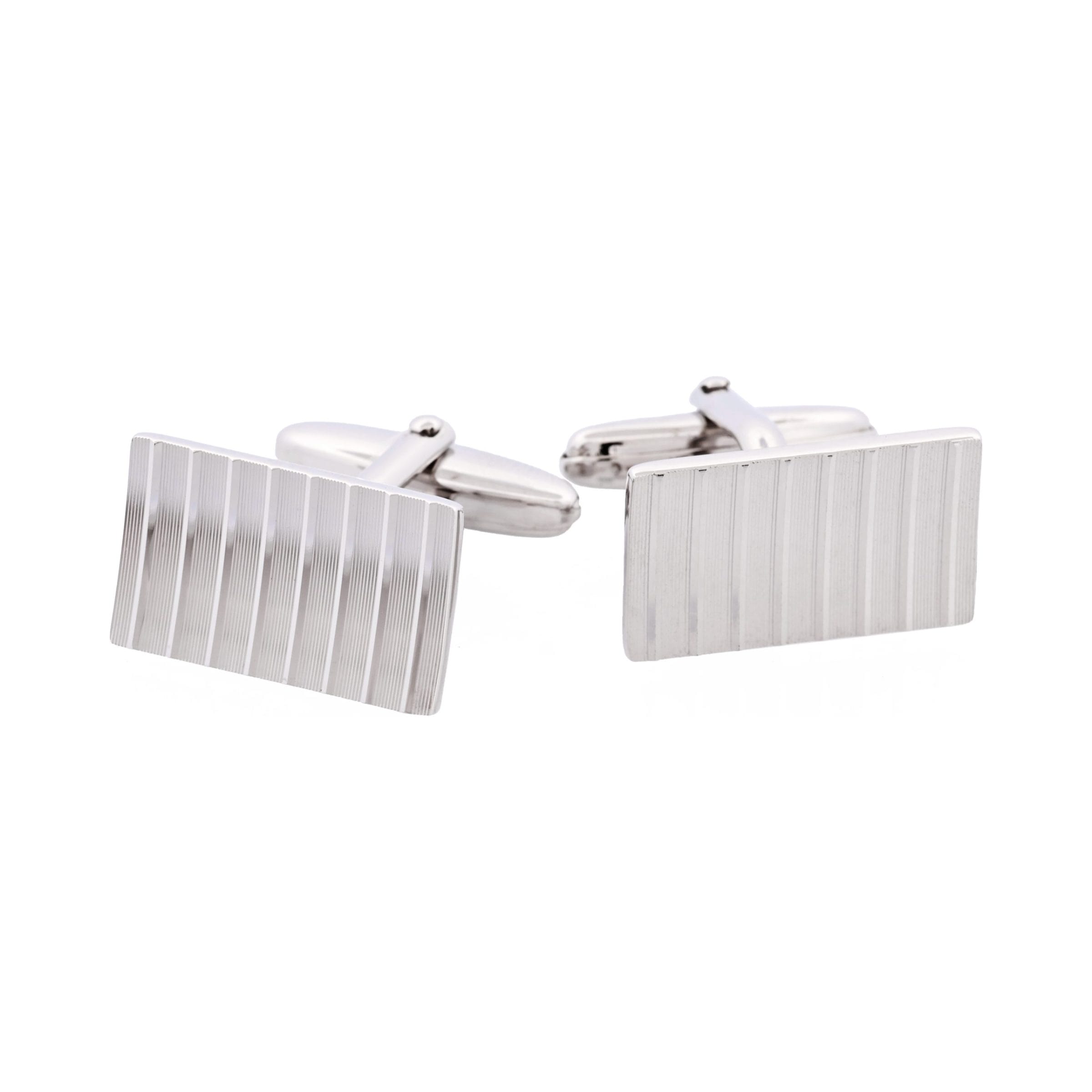 Brushed Rhodium Plated Diamond Cut Striped Rectangle Cufflinks