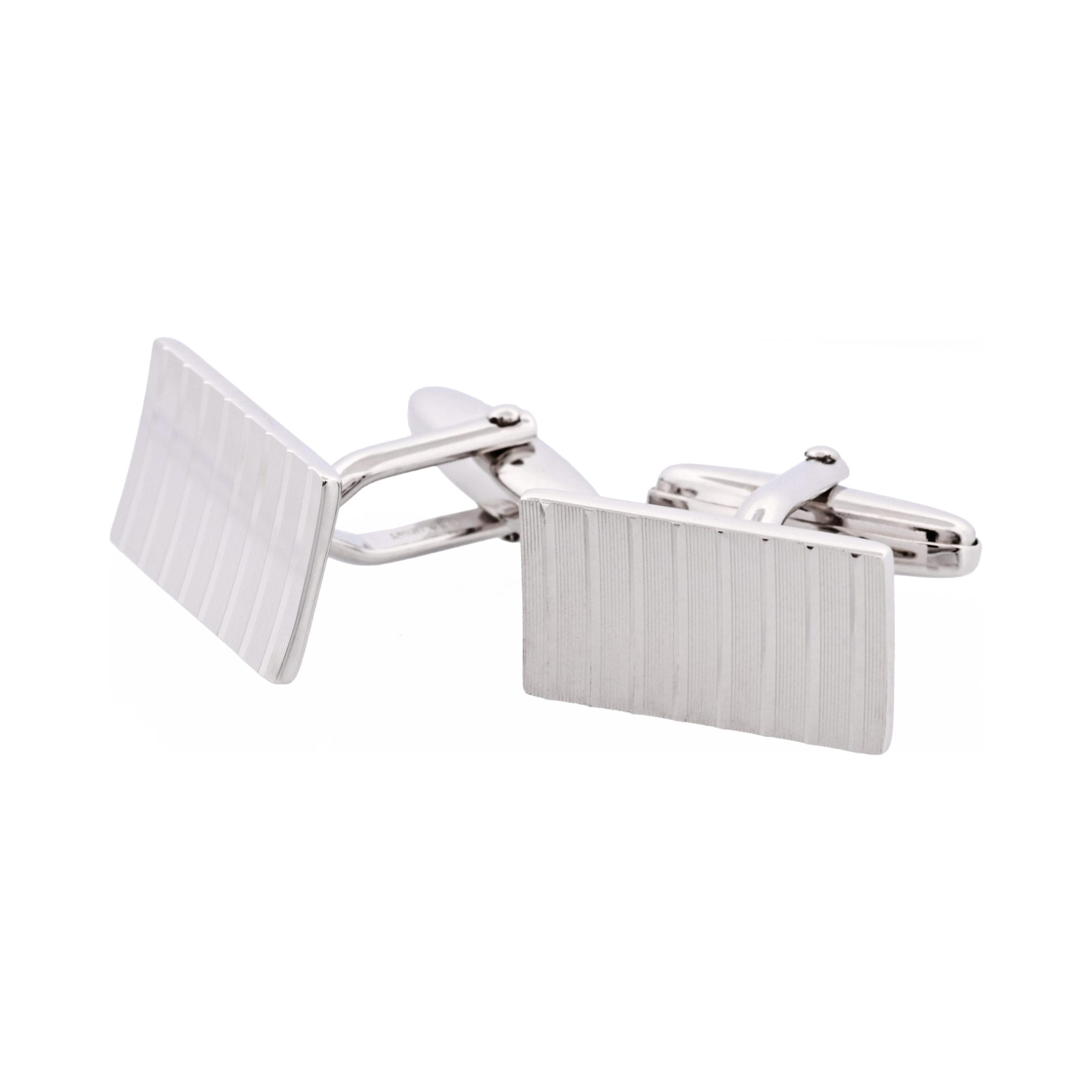 Brushed Rhodium Plated Diamond Cut Striped Rectangle Cufflinks