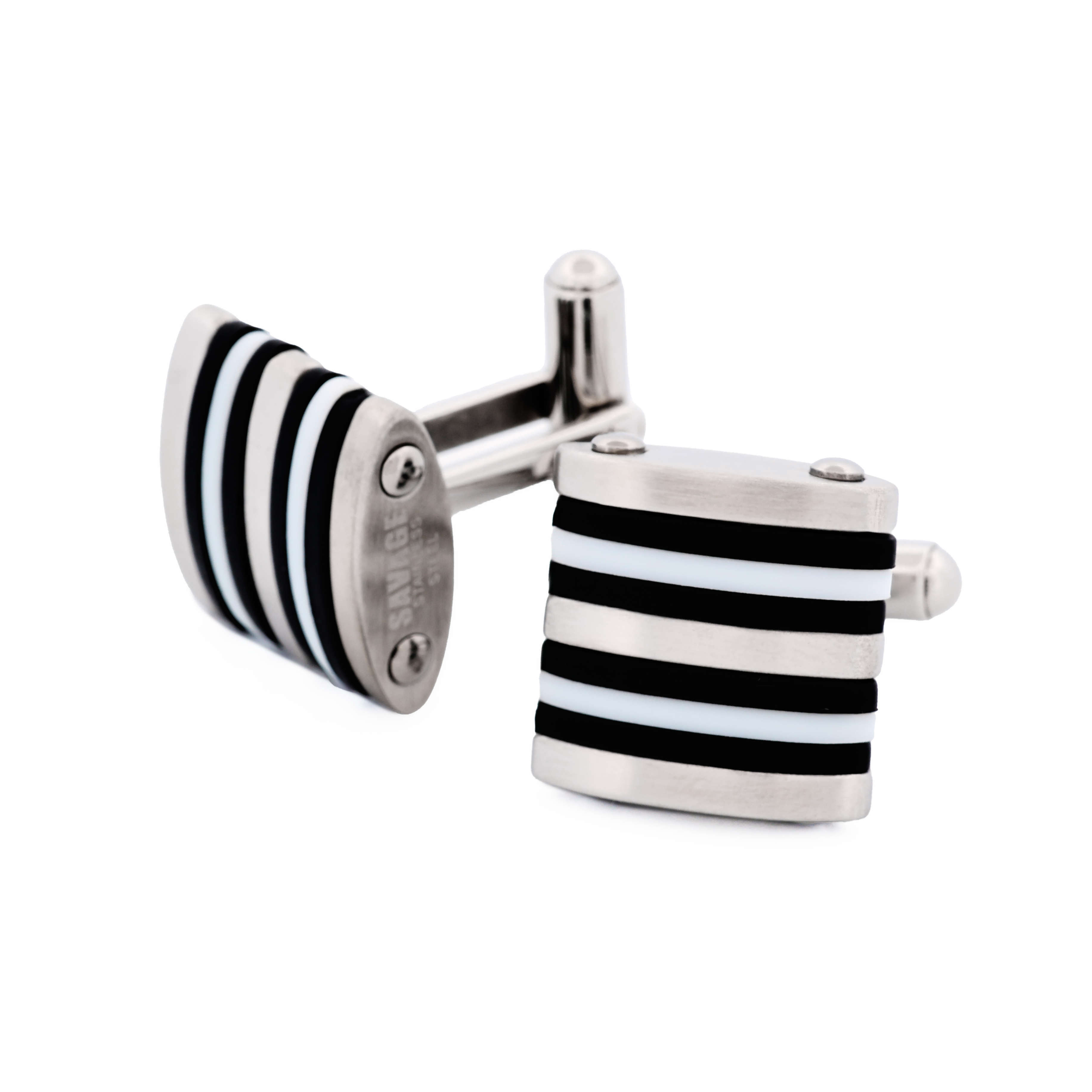 Brushed Stainless Steel Curved Face Cufflinks with Black & White Rubber