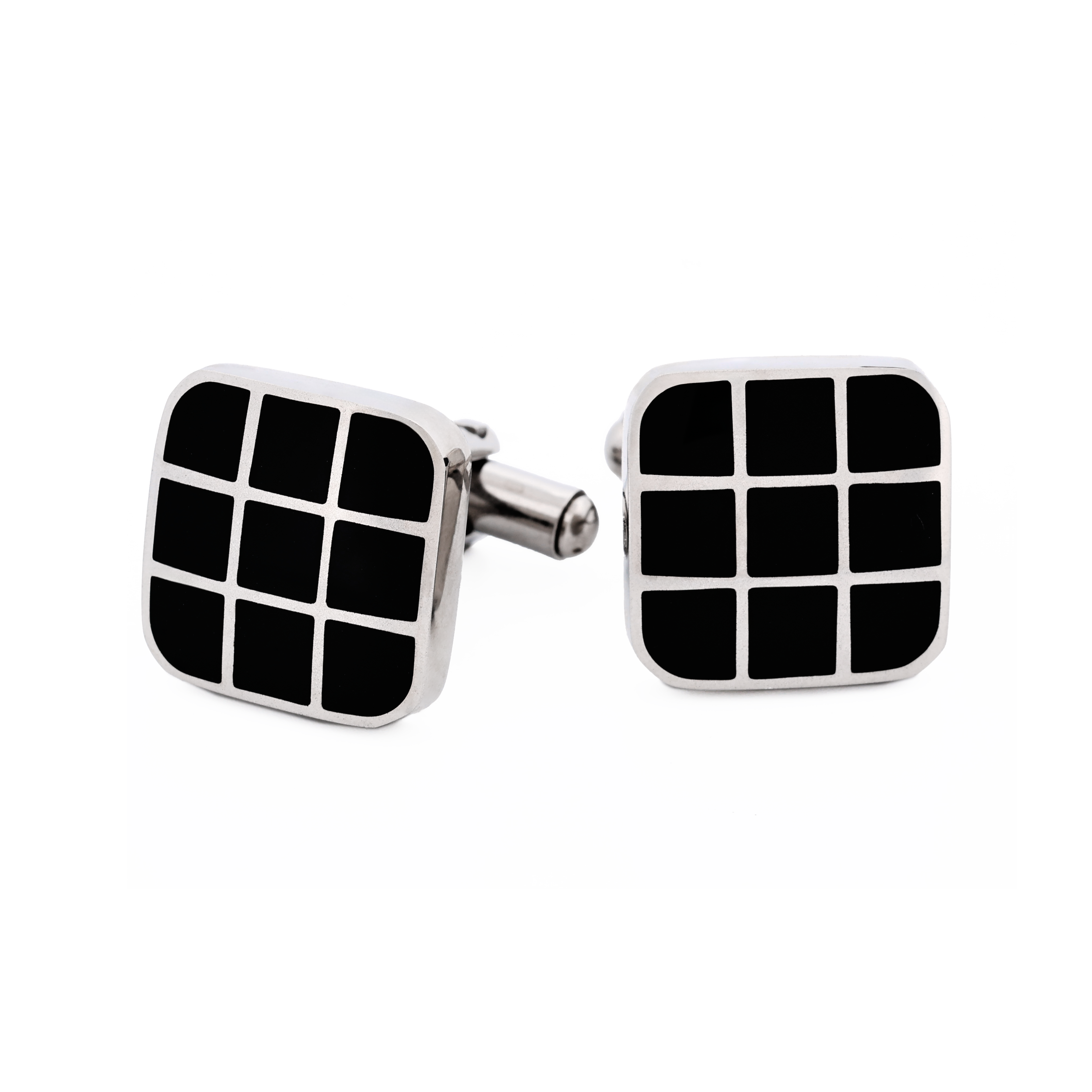 Polished Cushion-Shape Stainless Steel with Black Enamel Grid Cufflinks