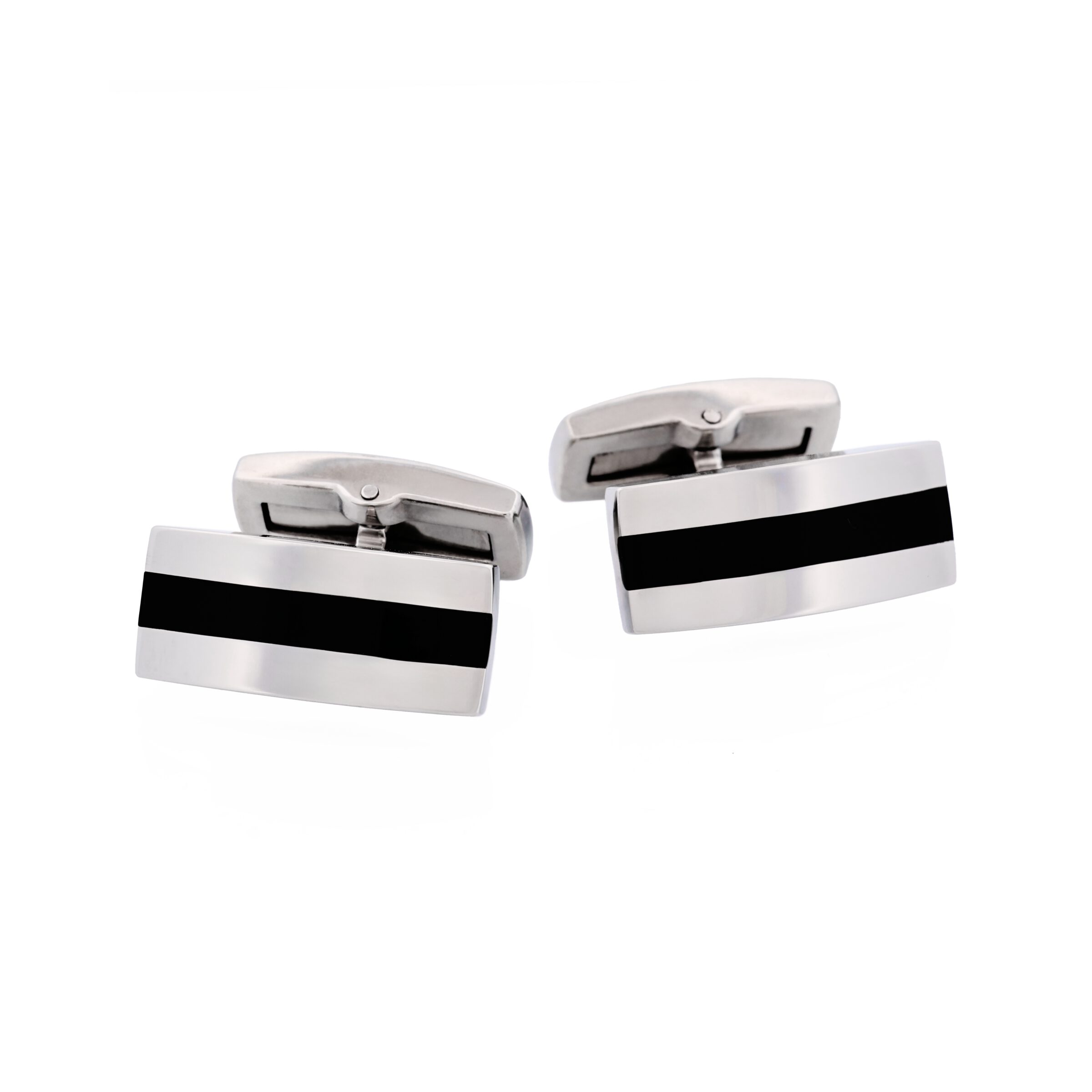 Polished Stainless & Black Enamel Stripe Cufflinks