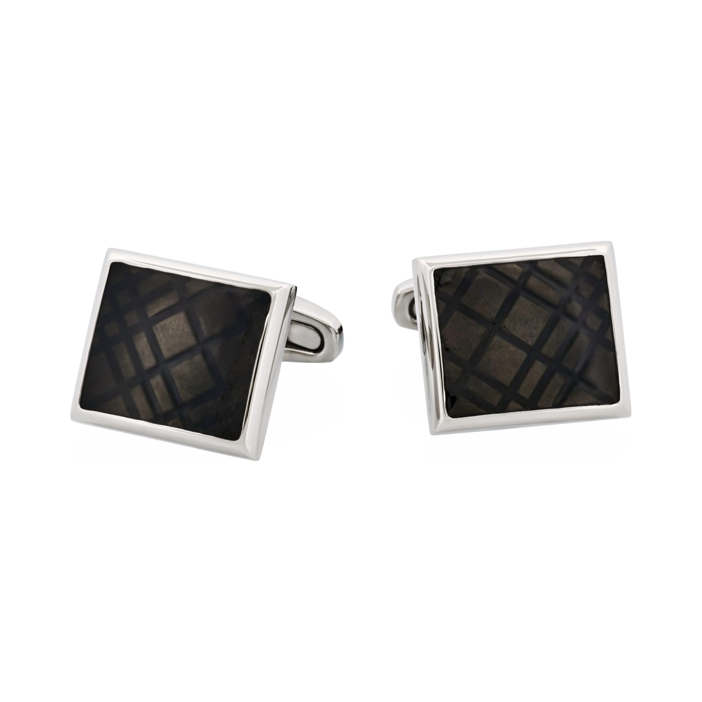 Stainless Steel & Black Enamel Check Cufflinks