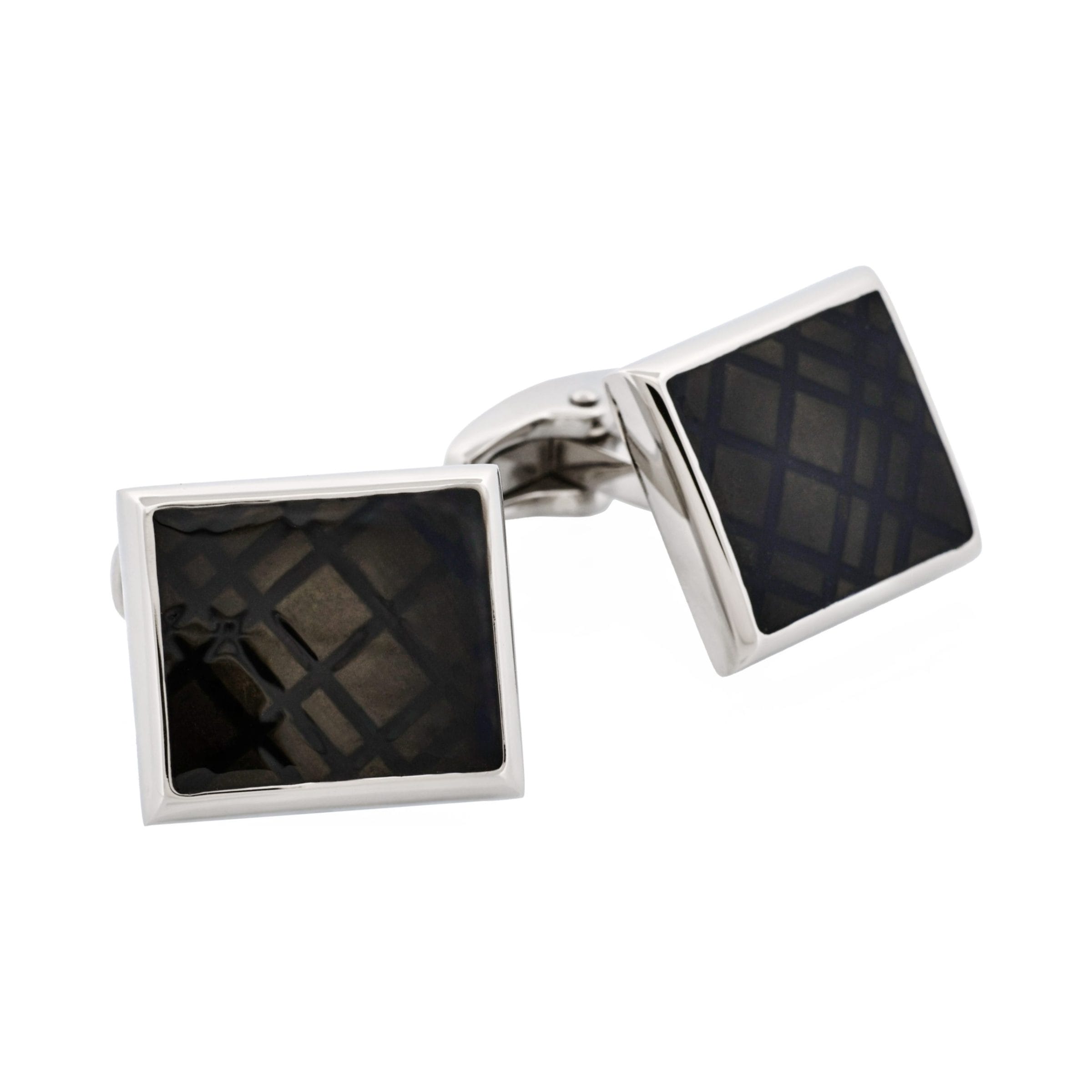 Stainless Steel & Black Enamel Check Cufflinks