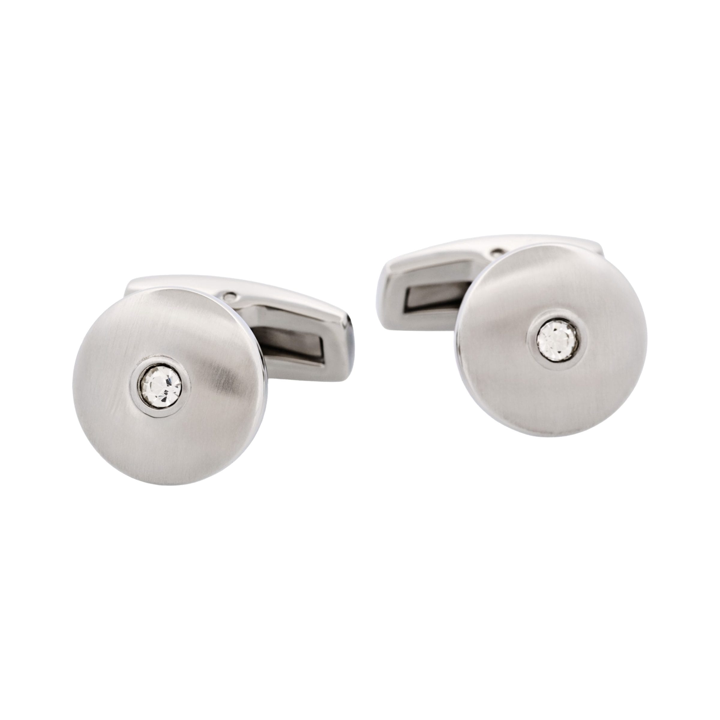 Round Brushed Stainless Steel with Cubic Zirconia Cuff Links