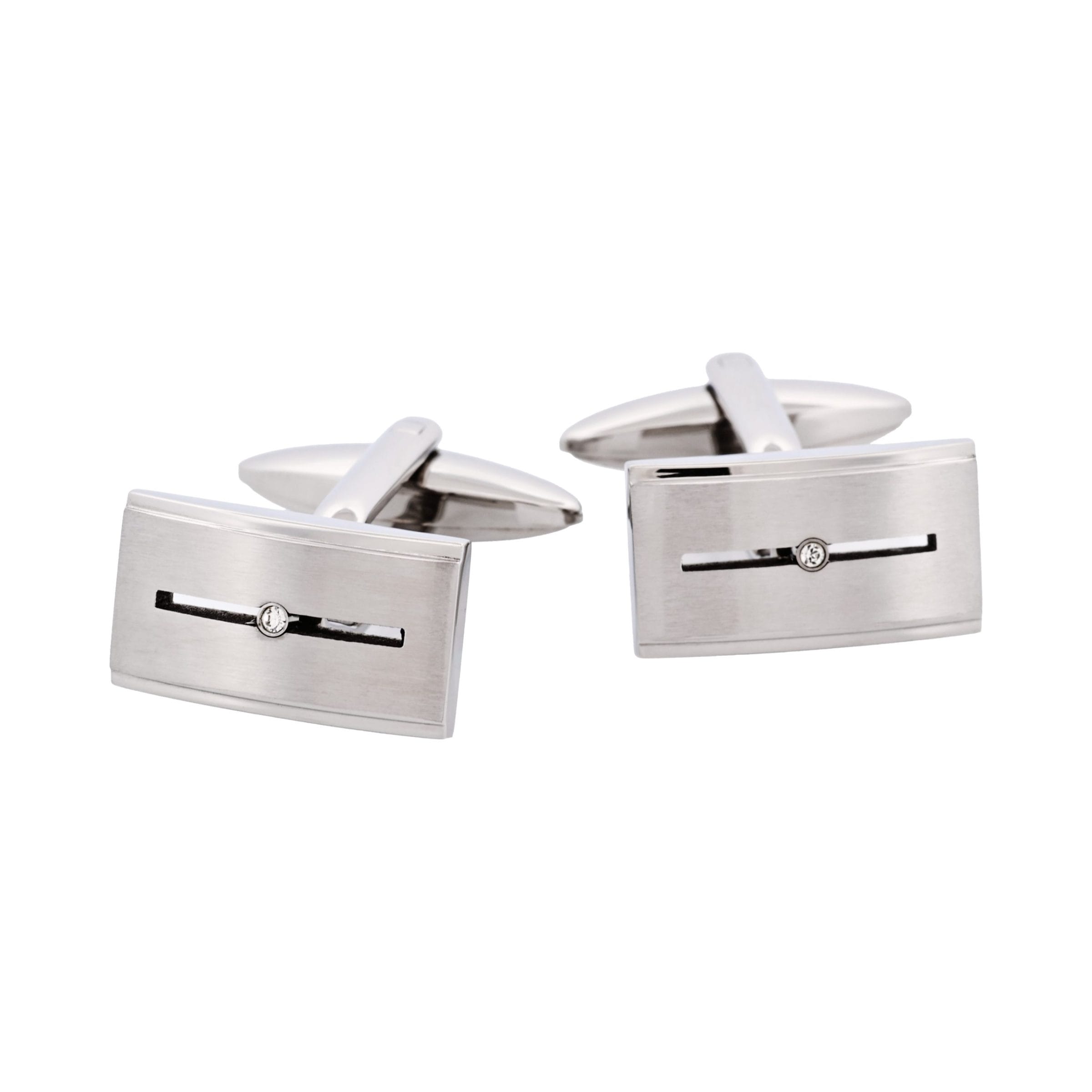 Brushed Stainless Steel Cufflinks with Single Cubic Zirconia