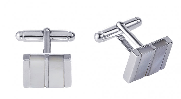 Polished Rhodium Plated Sterling Silver Cufflinks with Double Mother of Pearl Inlays