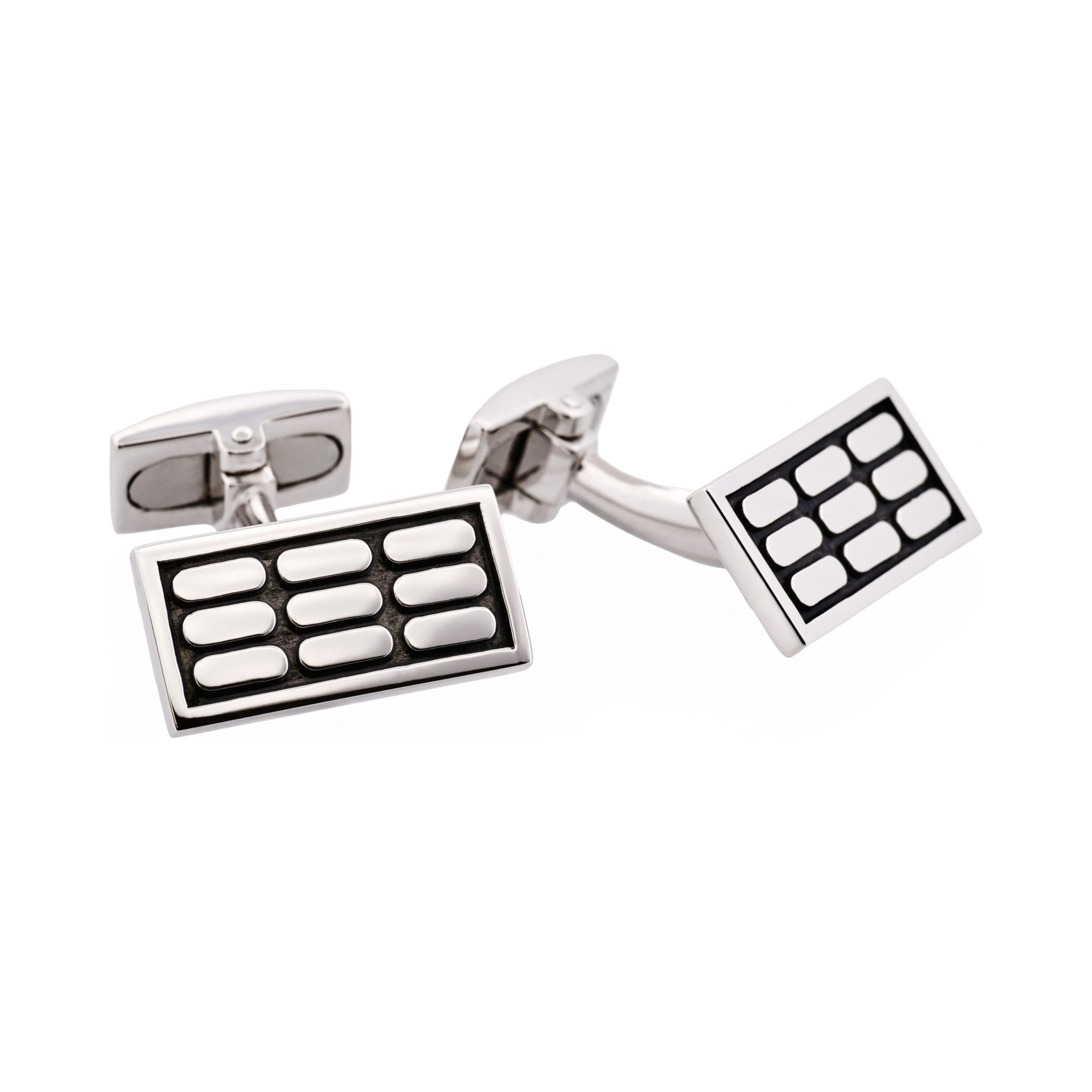 Polished Rhodium Plated Sterling Silver & Black Enamel Rectangle Cufflinks with Vertical Tile Pattern