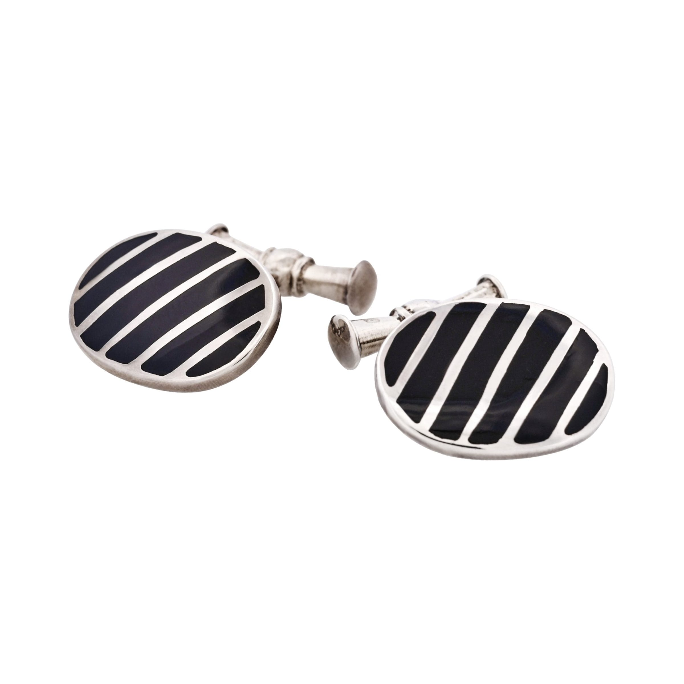 Striped Sterling Silver Oval Cufflinks with Black Lacquer on Chain