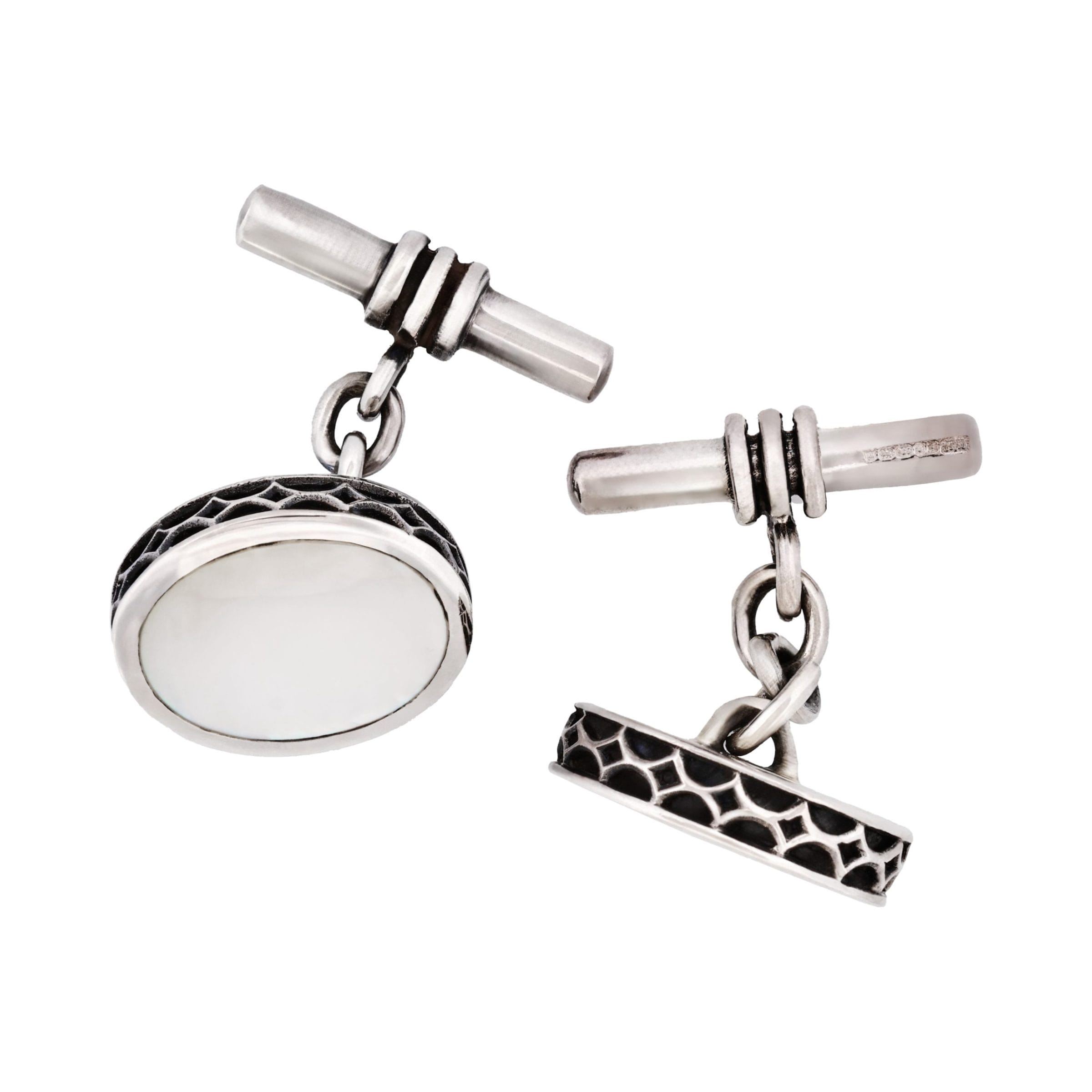 Sterling Silver Oval Cufflinks with Mother Of Pearl Inlay & Vintage Edge on Chain