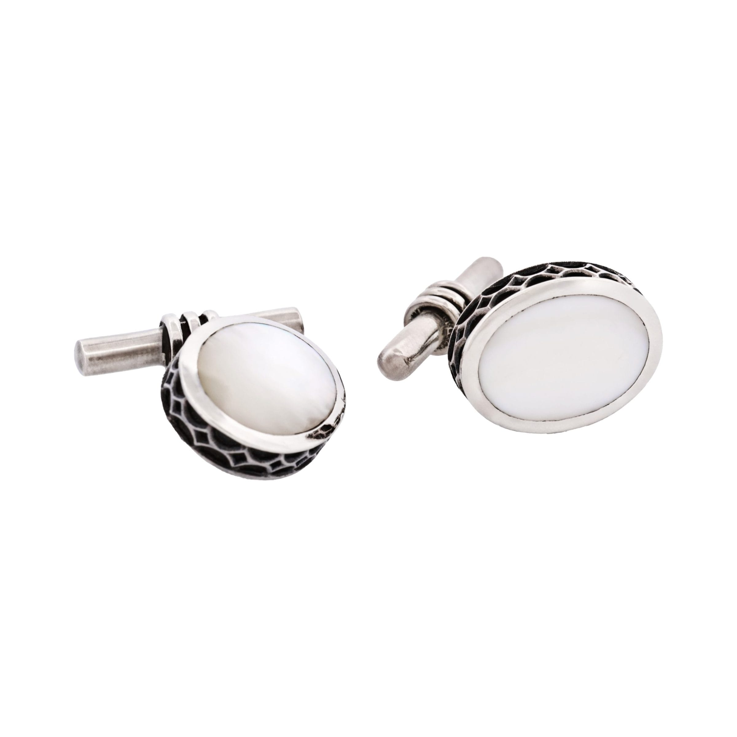 Sterling Silver Oval Cufflinks with Mother Of Pearl Inlay & Vintage Edge on Chain