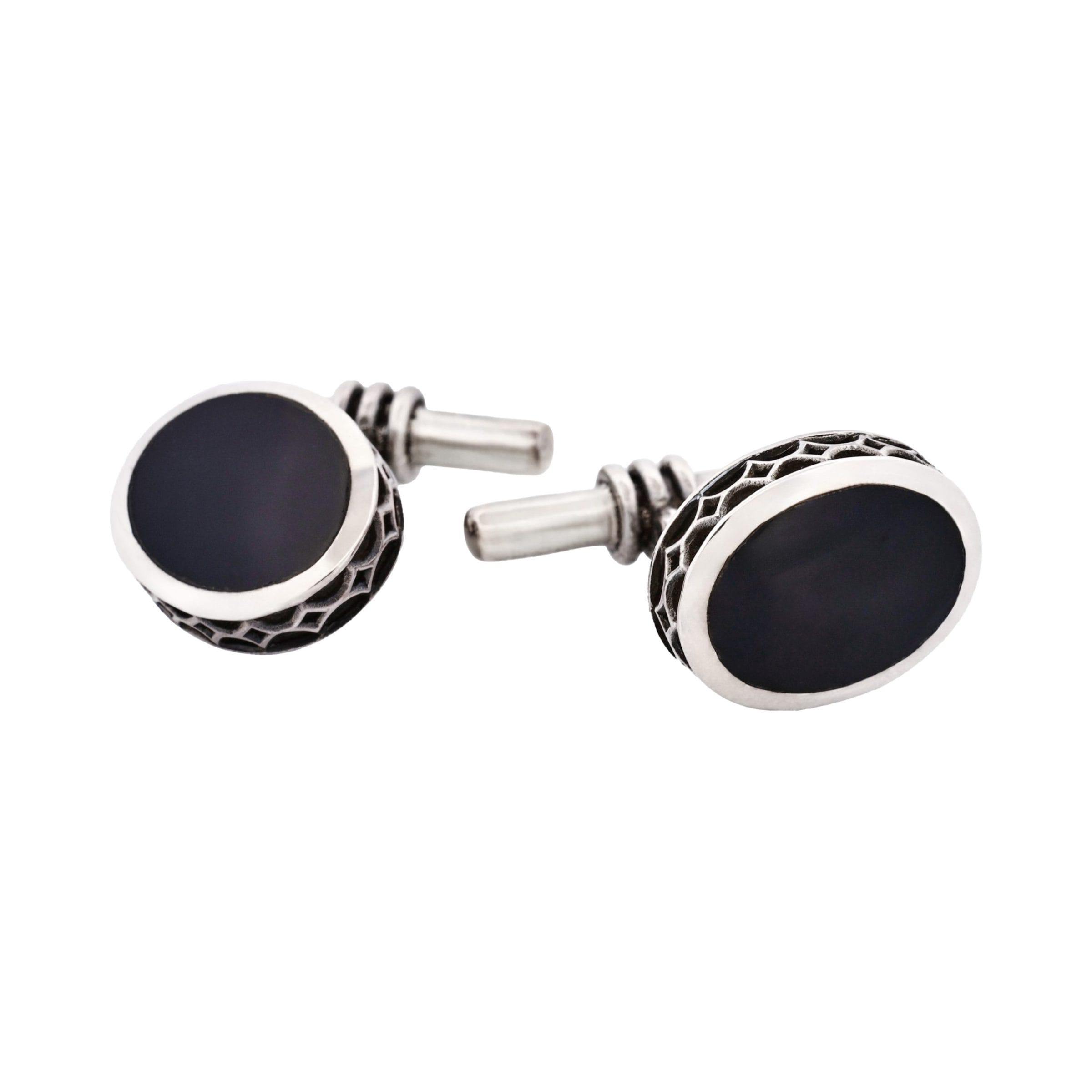 Sterling Silver Oval Cufflinks with Onyx Inlay & Vintage Edge on Chain