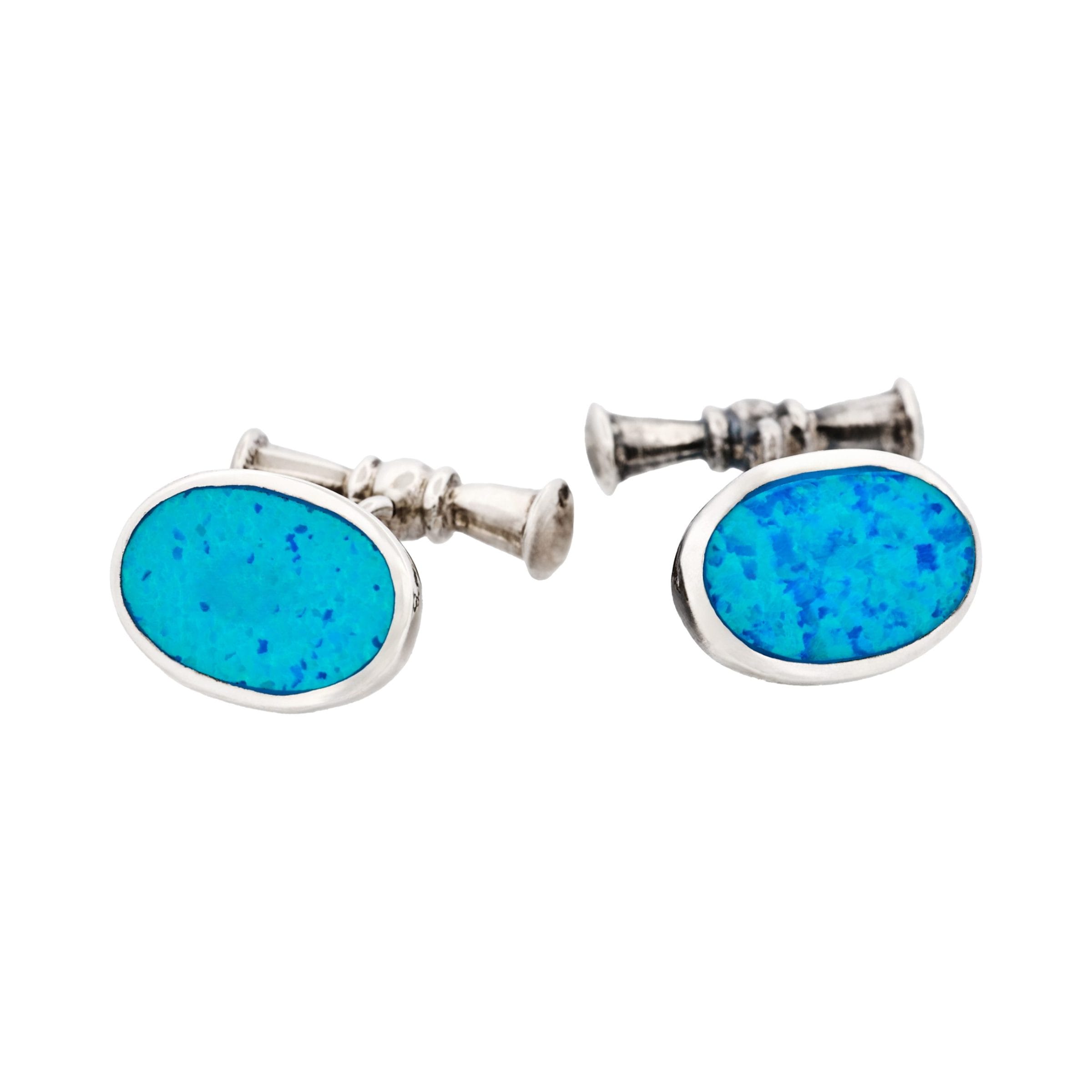 Sterling Silver Oval Cufflinks with Glass Opal Inlay on Chain