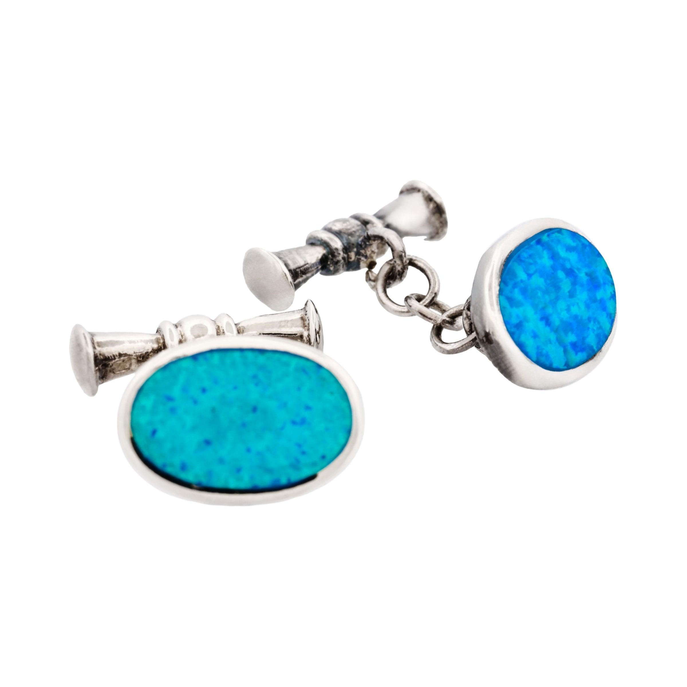 Sterling Silver Oval Cufflinks with Glass Opal Inlay on Chain