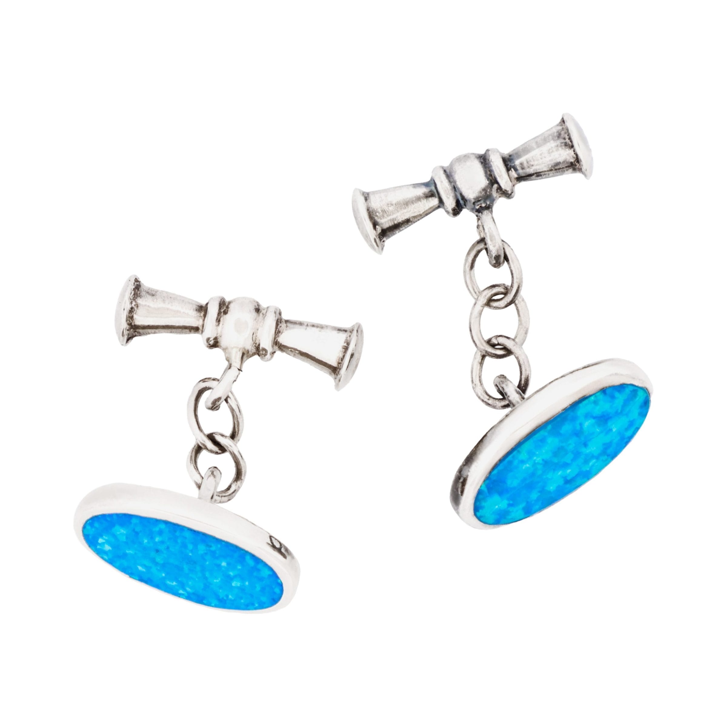 Sterling Silver Oval Cufflinks with Glass Opal Inlay on Chain
