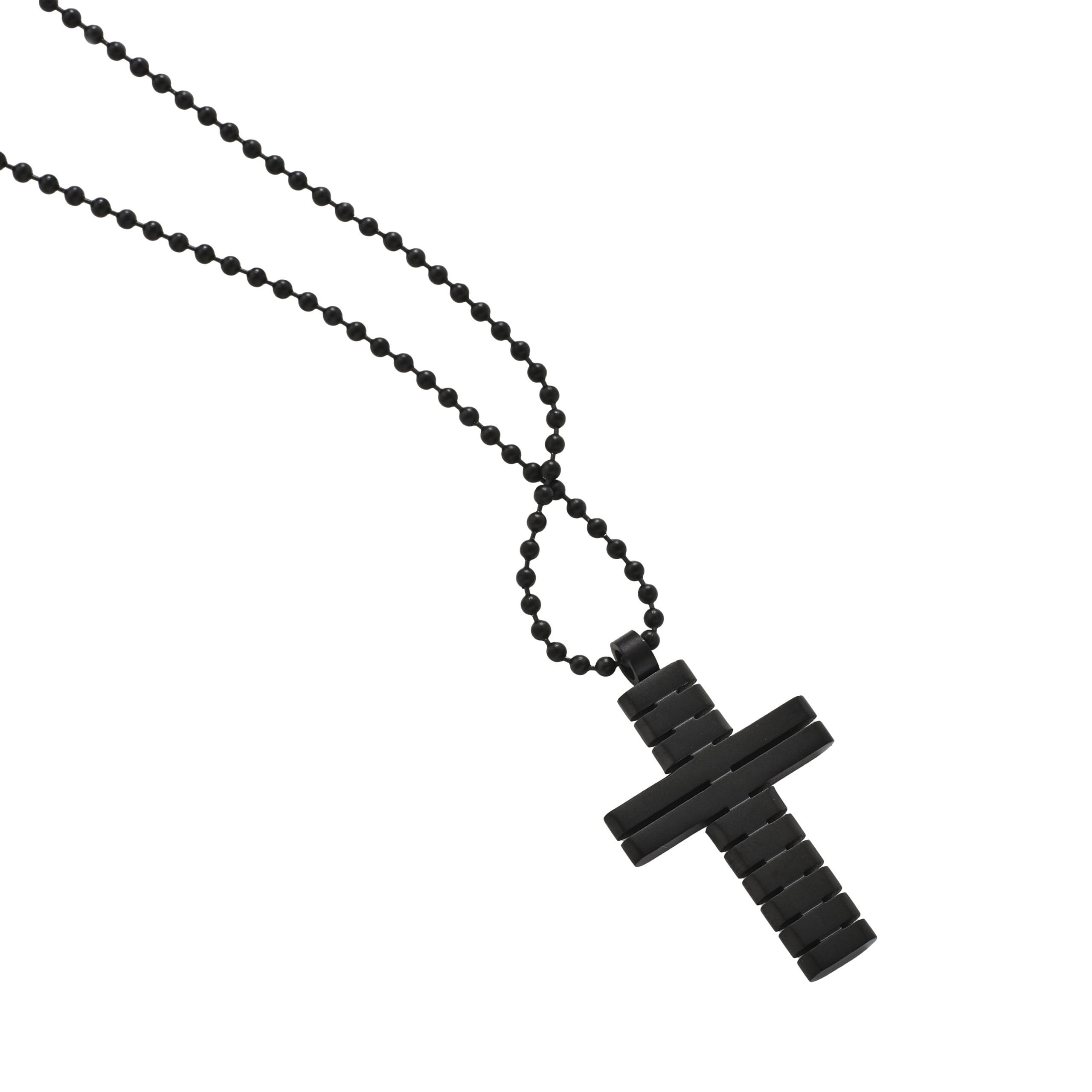 Ion Plated Black Horizontal Stripe Stainless Steel Cross Pendant on Ball Chain