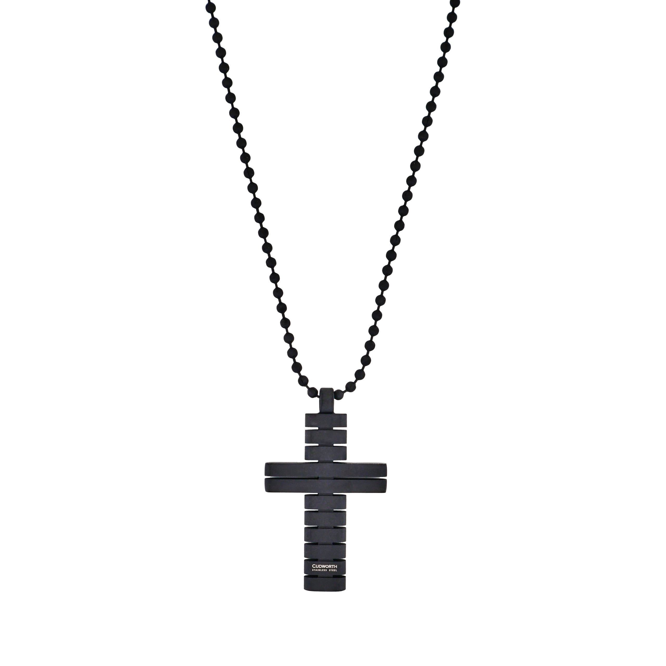 Ion Plated Black Horizontal Stripe Stainless Steel Cross Pendant on Ball Chain