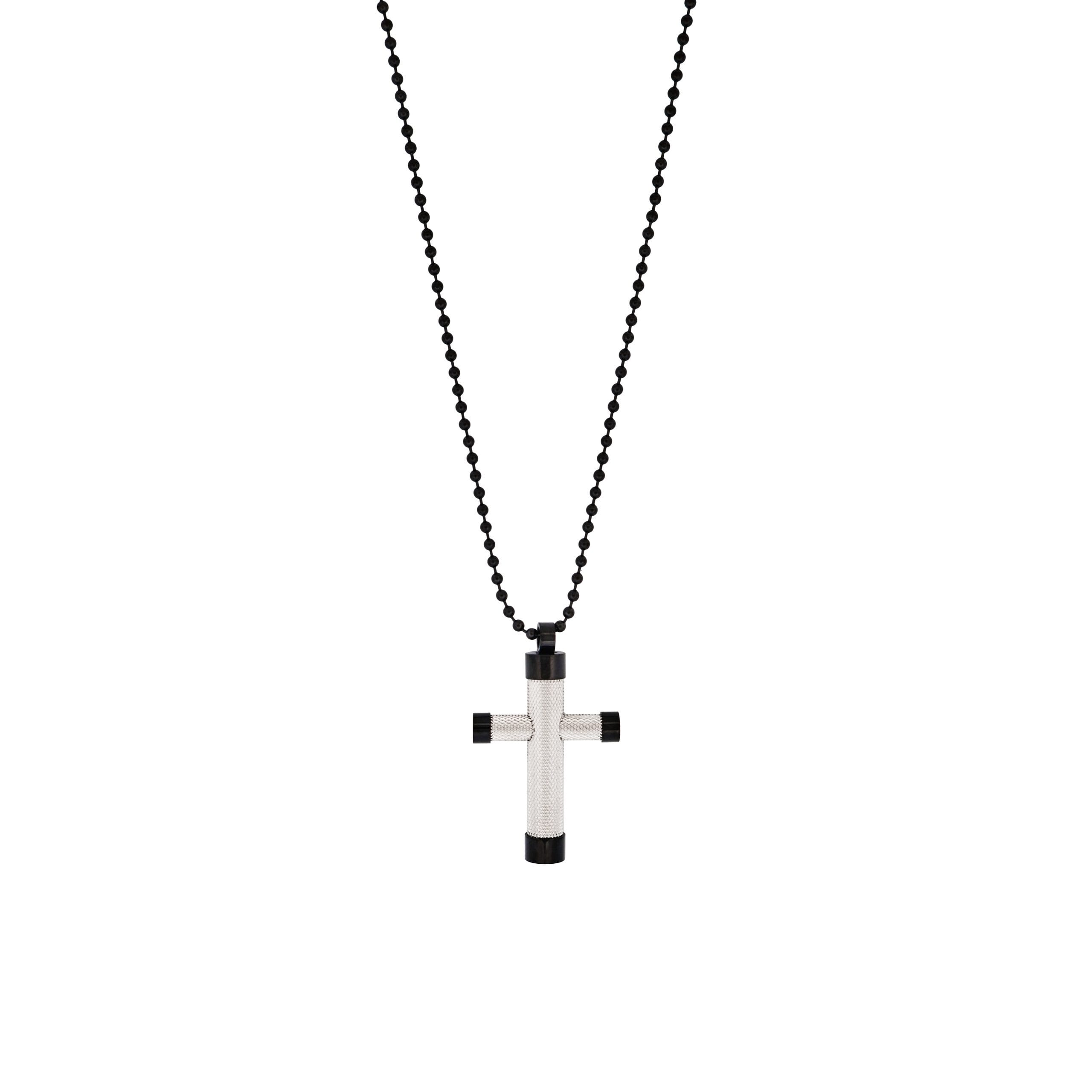 Ion Plated Polished Black & Textured Stainless Steel Cross Pendant withIon Plated Black 55cm Ball Chain