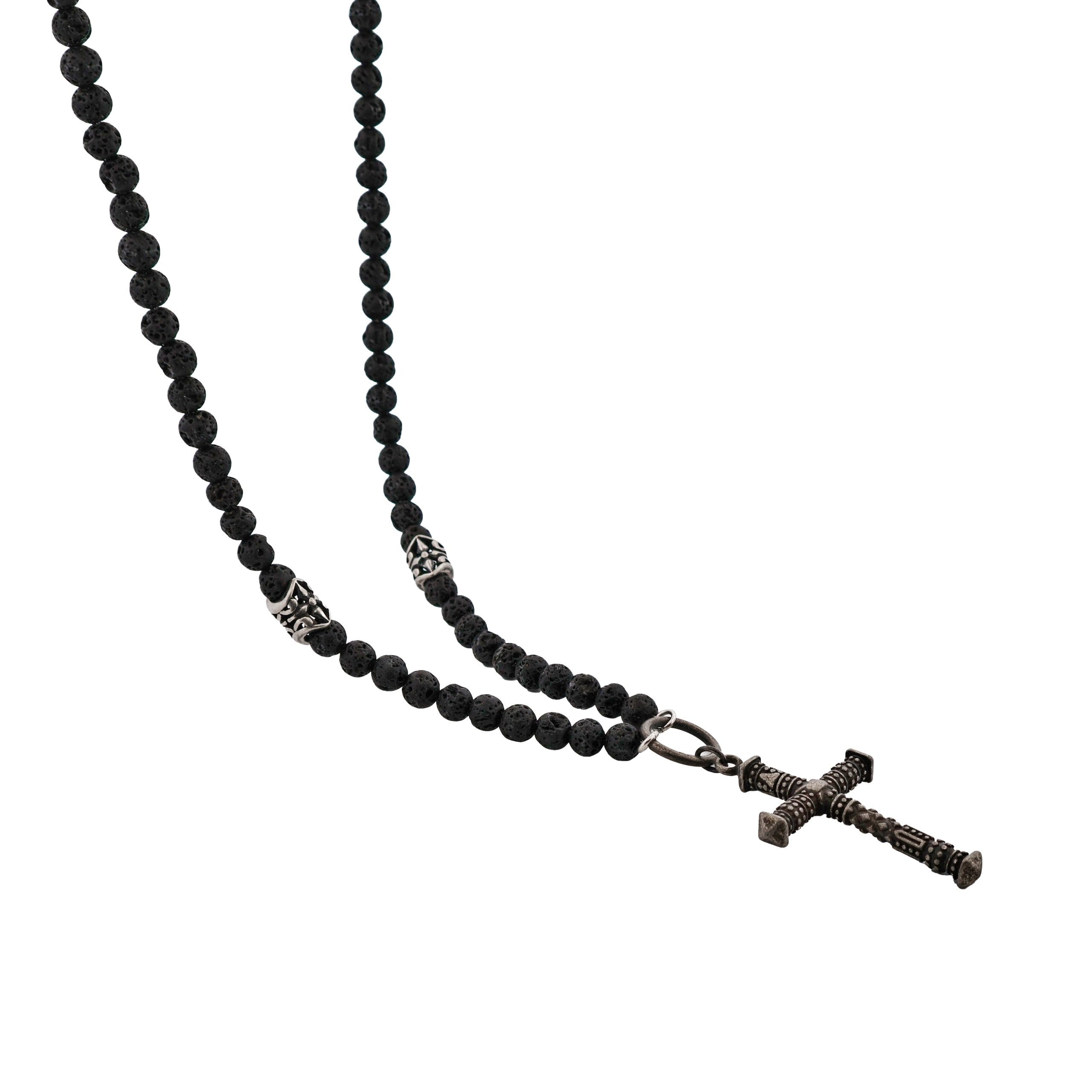 Stainless Steel Antique Plated Cross & Lava Rock Bead Neck Chain