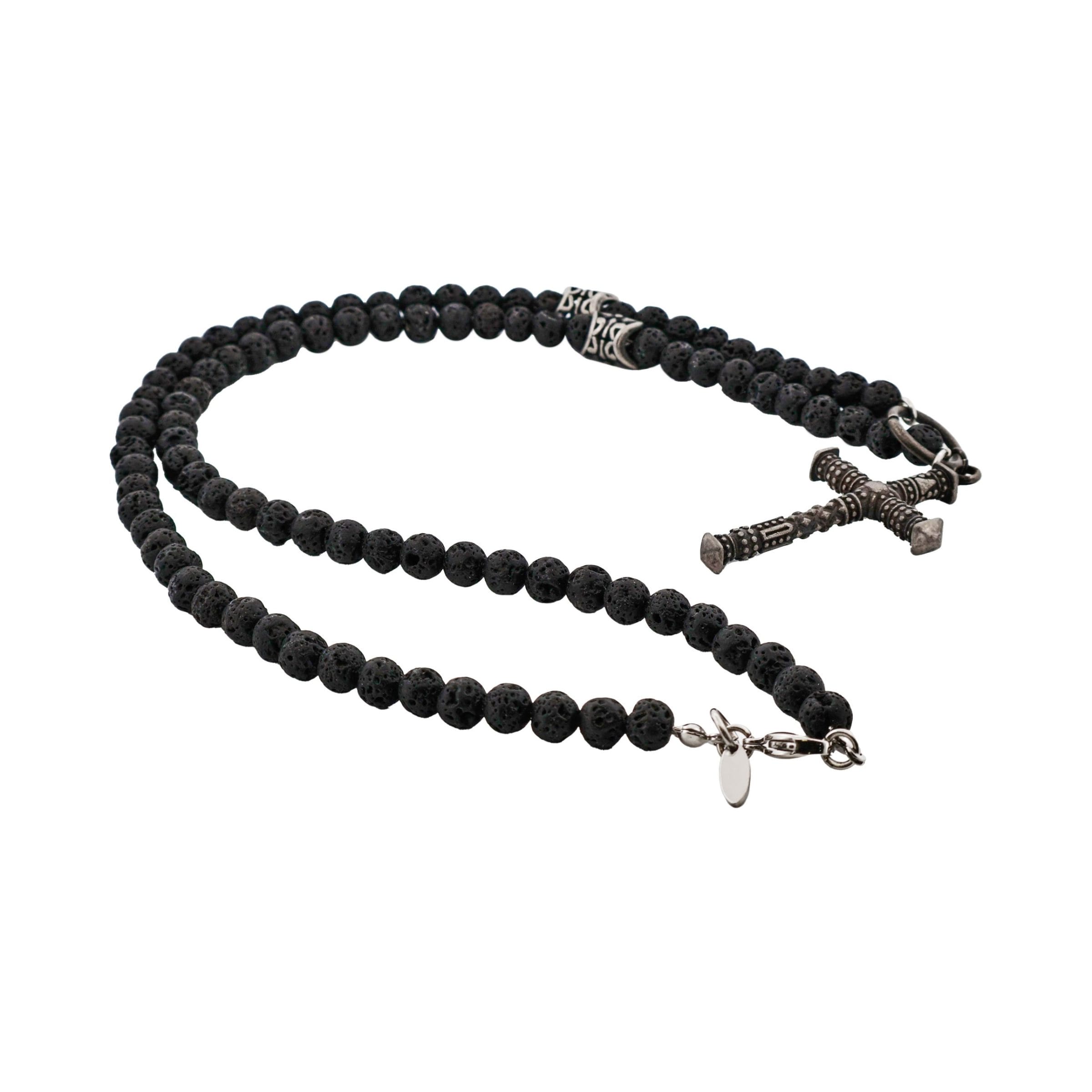 Stainless Steel Antique Plated Cross & Lava Rock Bead Neck Chain