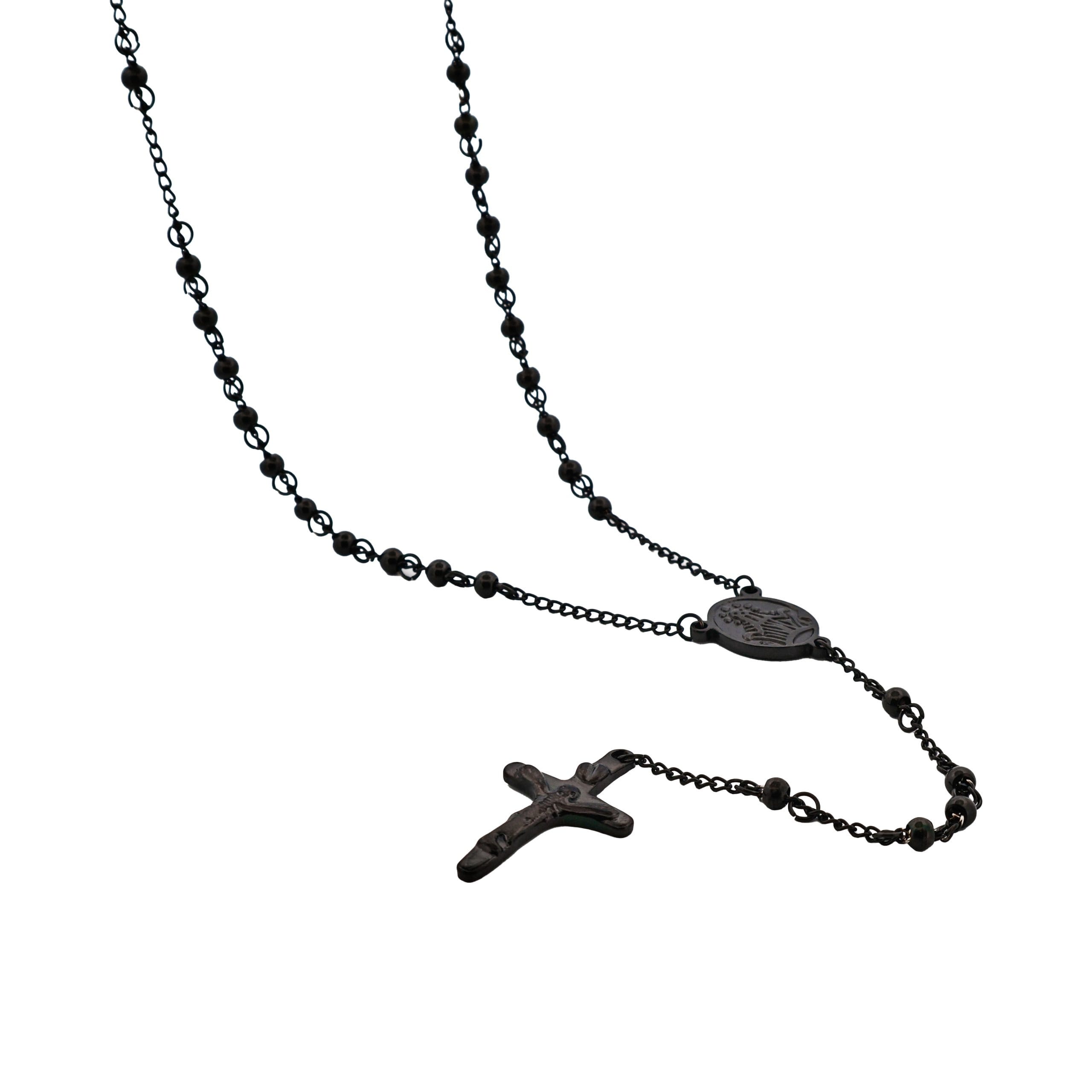 Ion Plated Black Stainless Steel & Black Agate Rosary Bead Cross Pendant