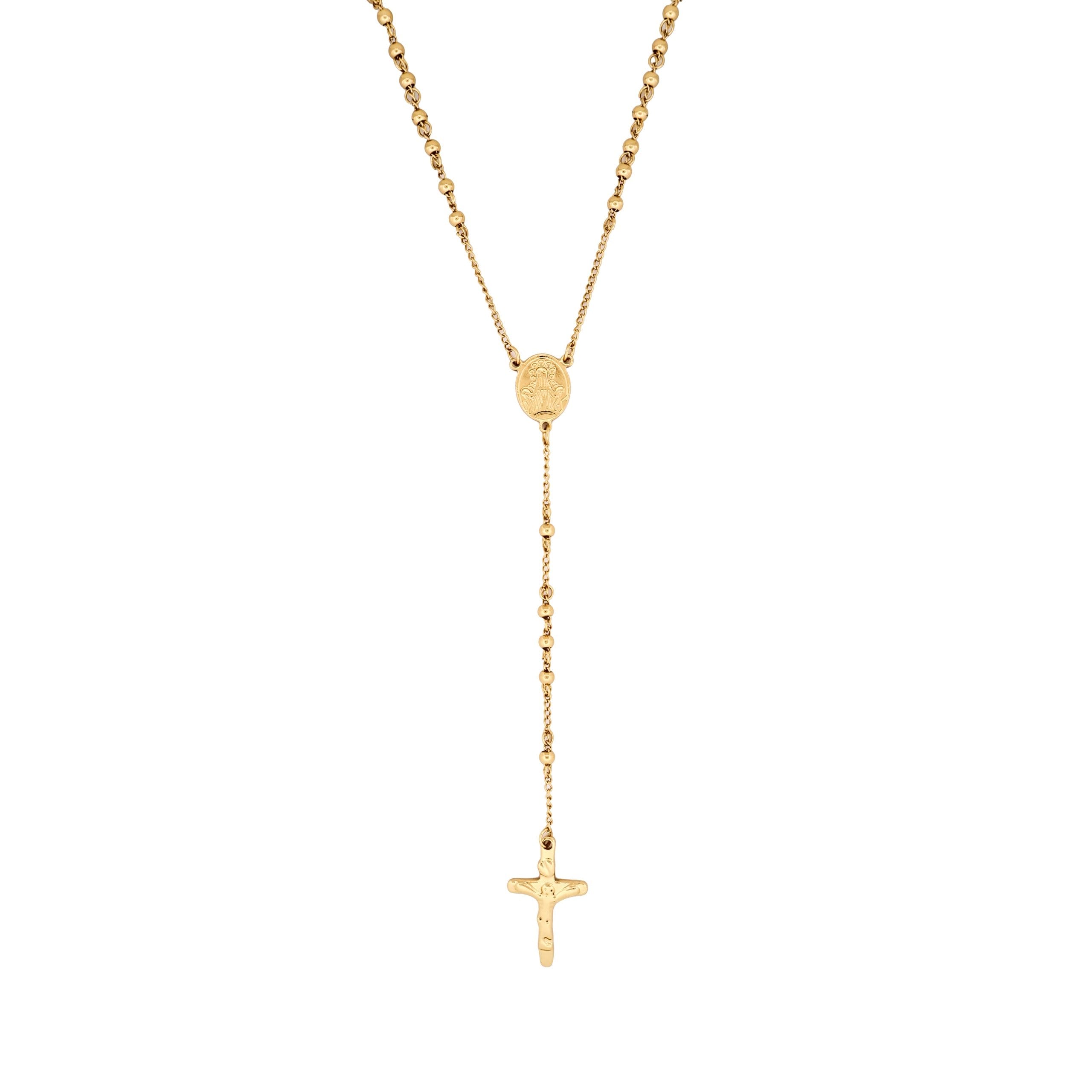 Ion Plated 14k Yellow Gold Stainless Steel Rosary Bead Cross Pendant