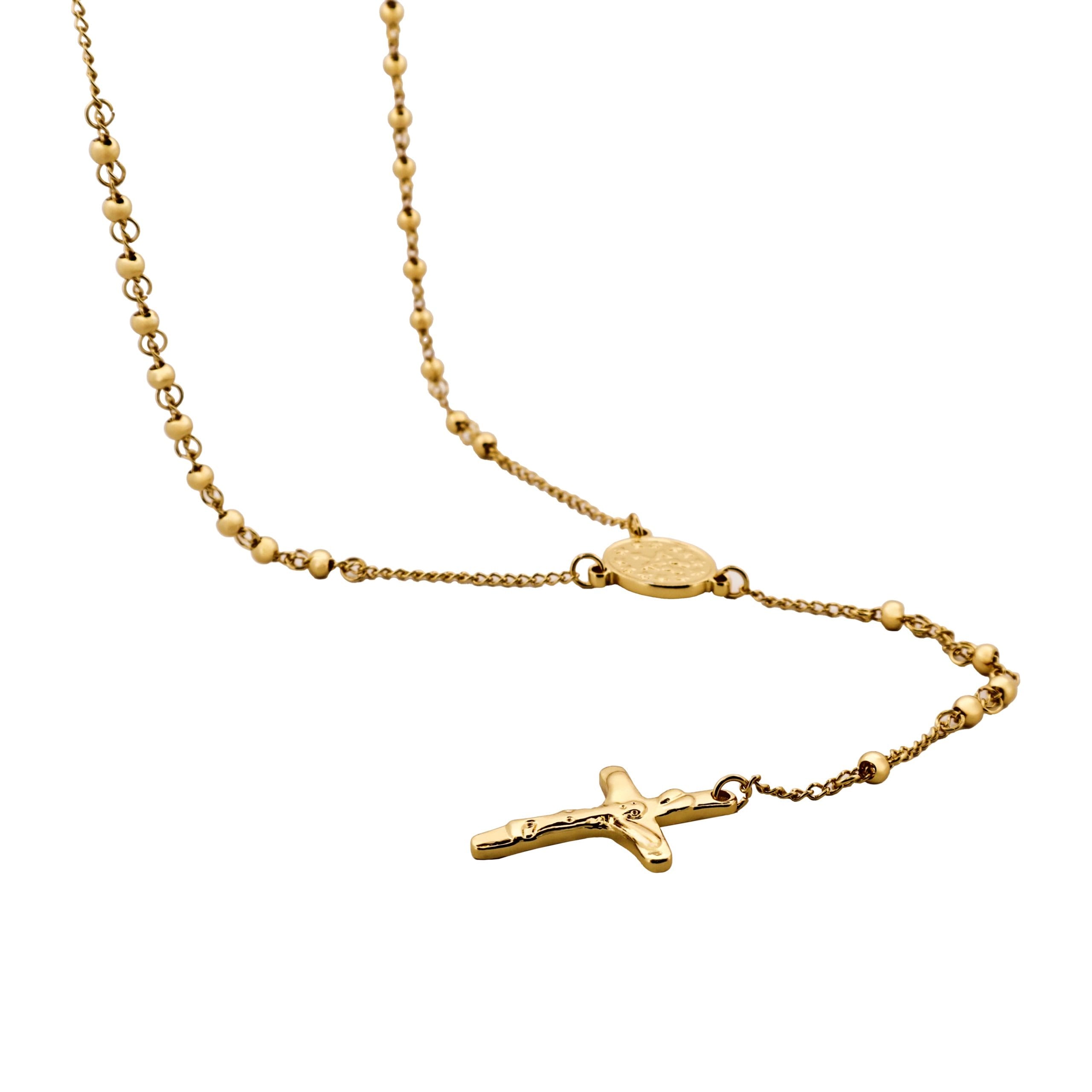 Ion Plated 14k Yellow Gold Stainless Steel Rosary Bead Cross Pendant