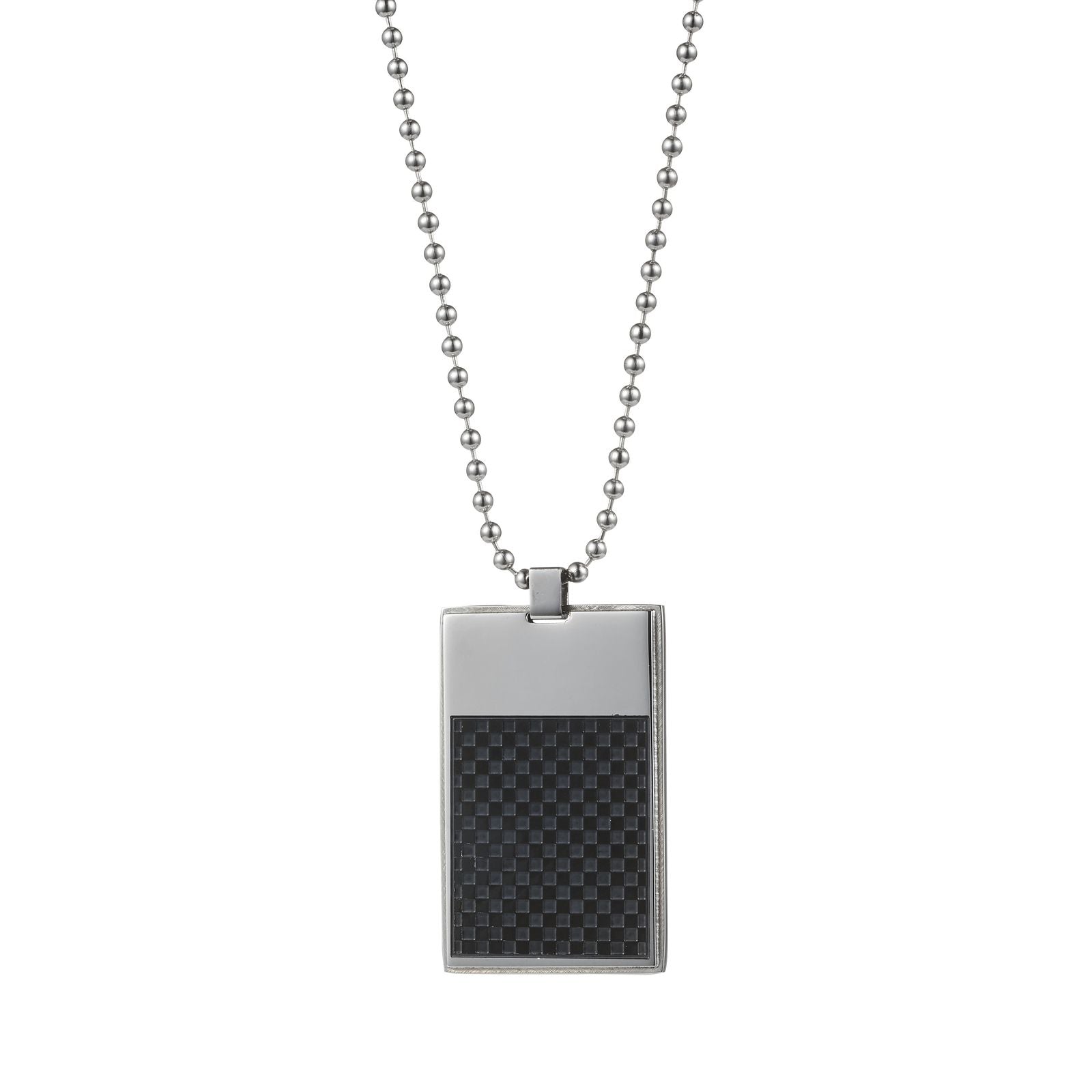 Polished Stainless Steel Dog Tag Pendant with Ion Plated Black Checkerboard Inlay on Ball Chain