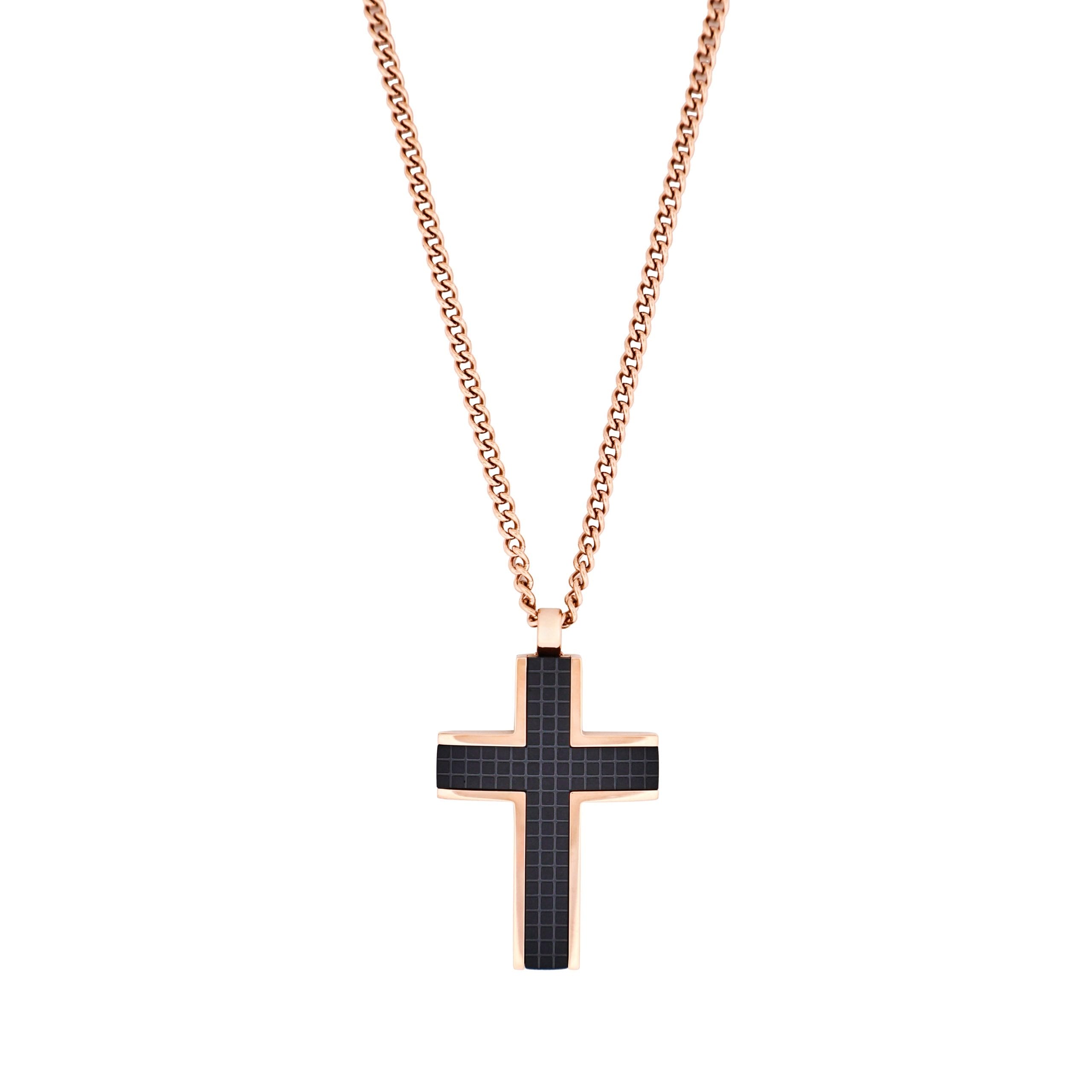 Ion Plated Rose Gold & Black Chequered Inlay Cross OnIon Plated Rose Gold Curbed Link Chain