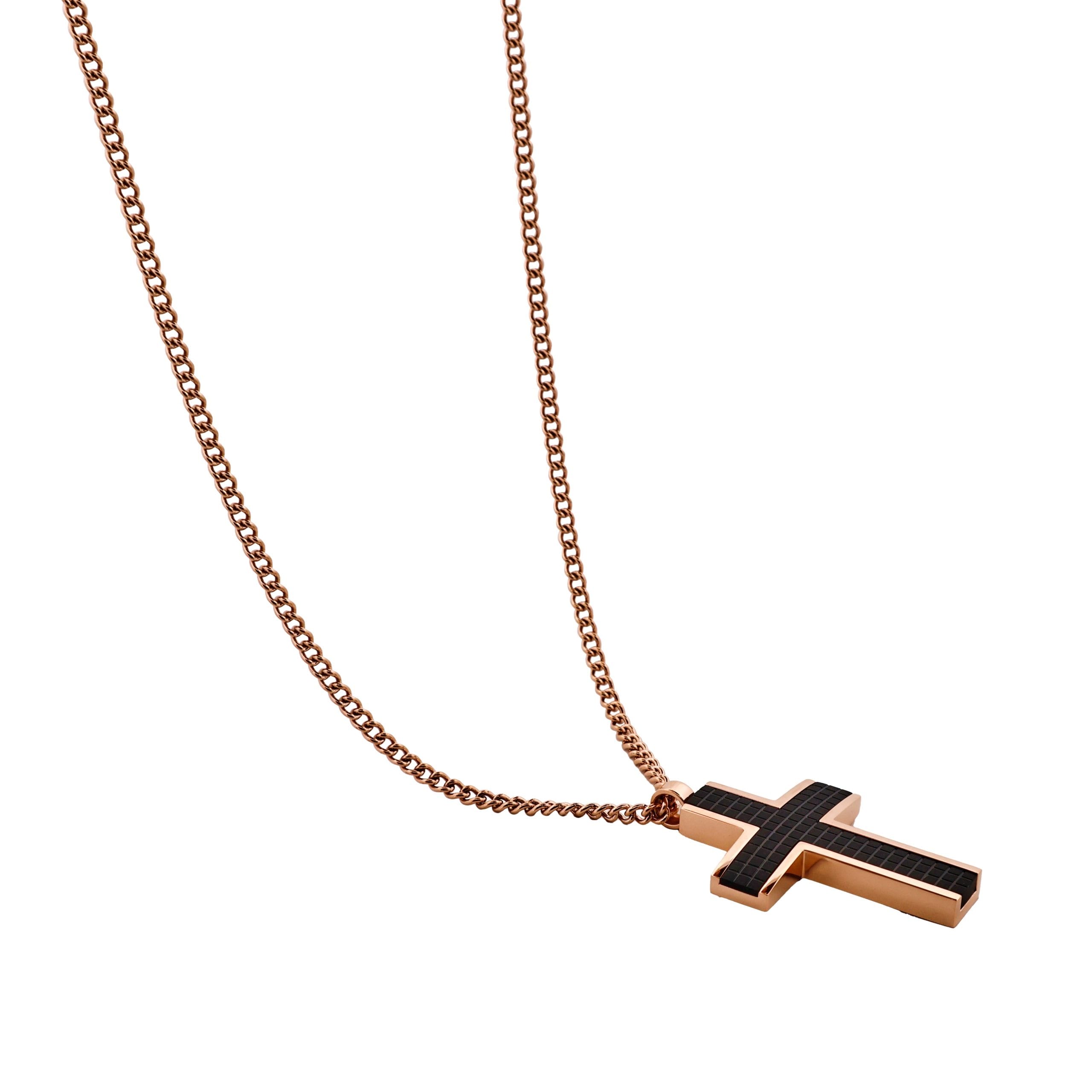 Ion Plated Rose Gold & Black Chequered Inlay Cross OnIon Plated Rose Gold Curbed Link Chain