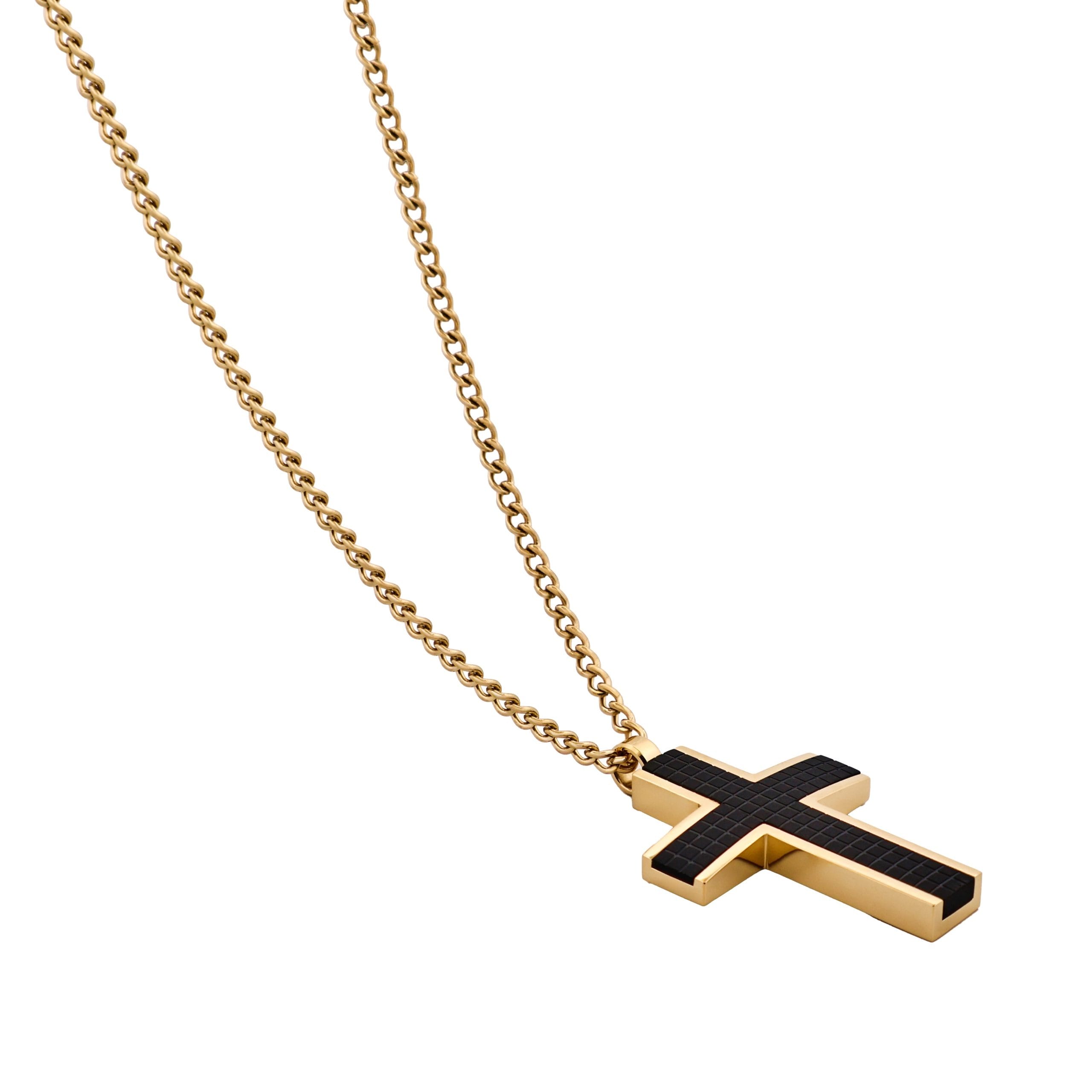 Ion Plated 14k Gold & Black Chequered Inlay Cross OnIon Plated Gold Curbed Link Chain