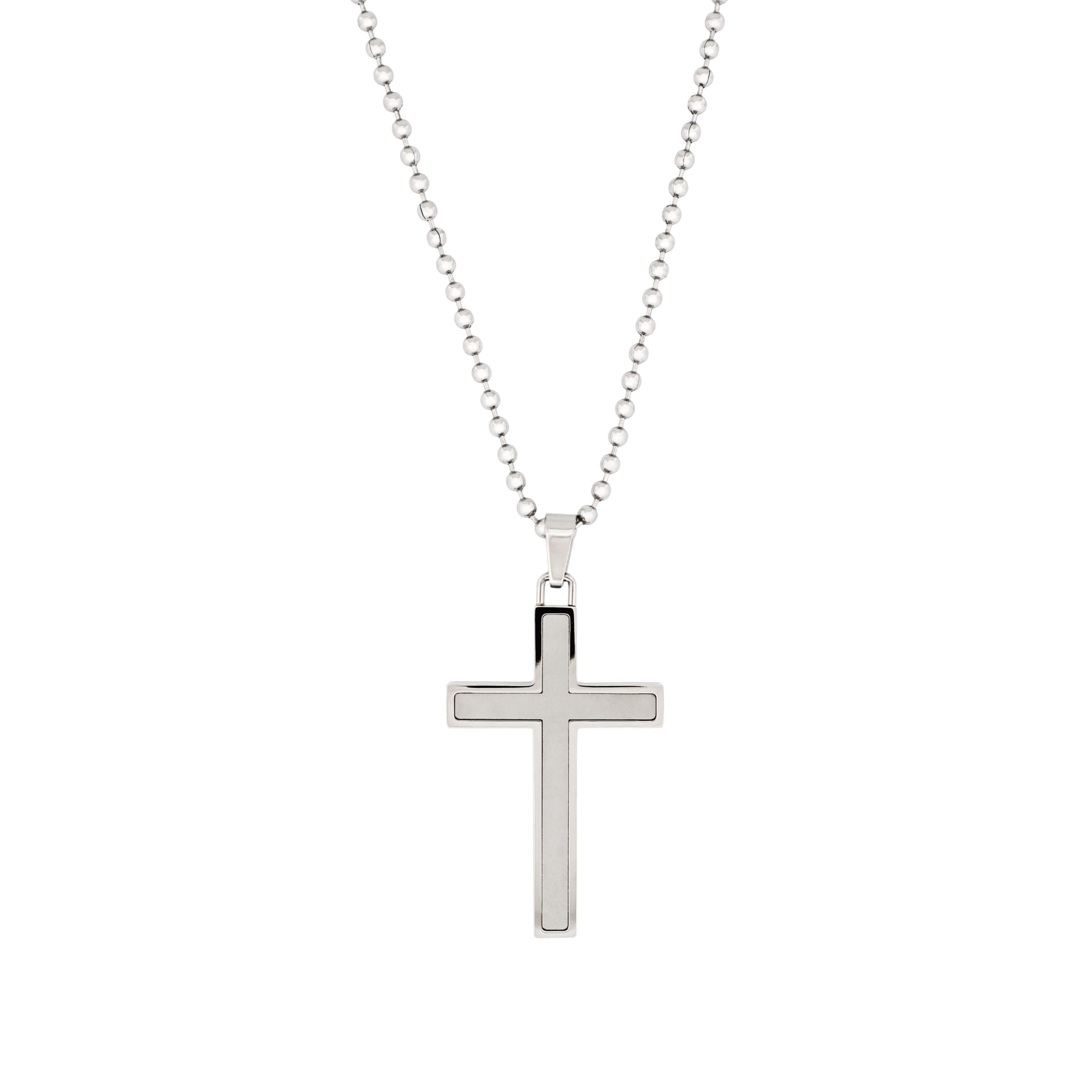 Polished Stainless Steel Cross Pendant with Ion Plated Pearl Inlay on Ball Chain