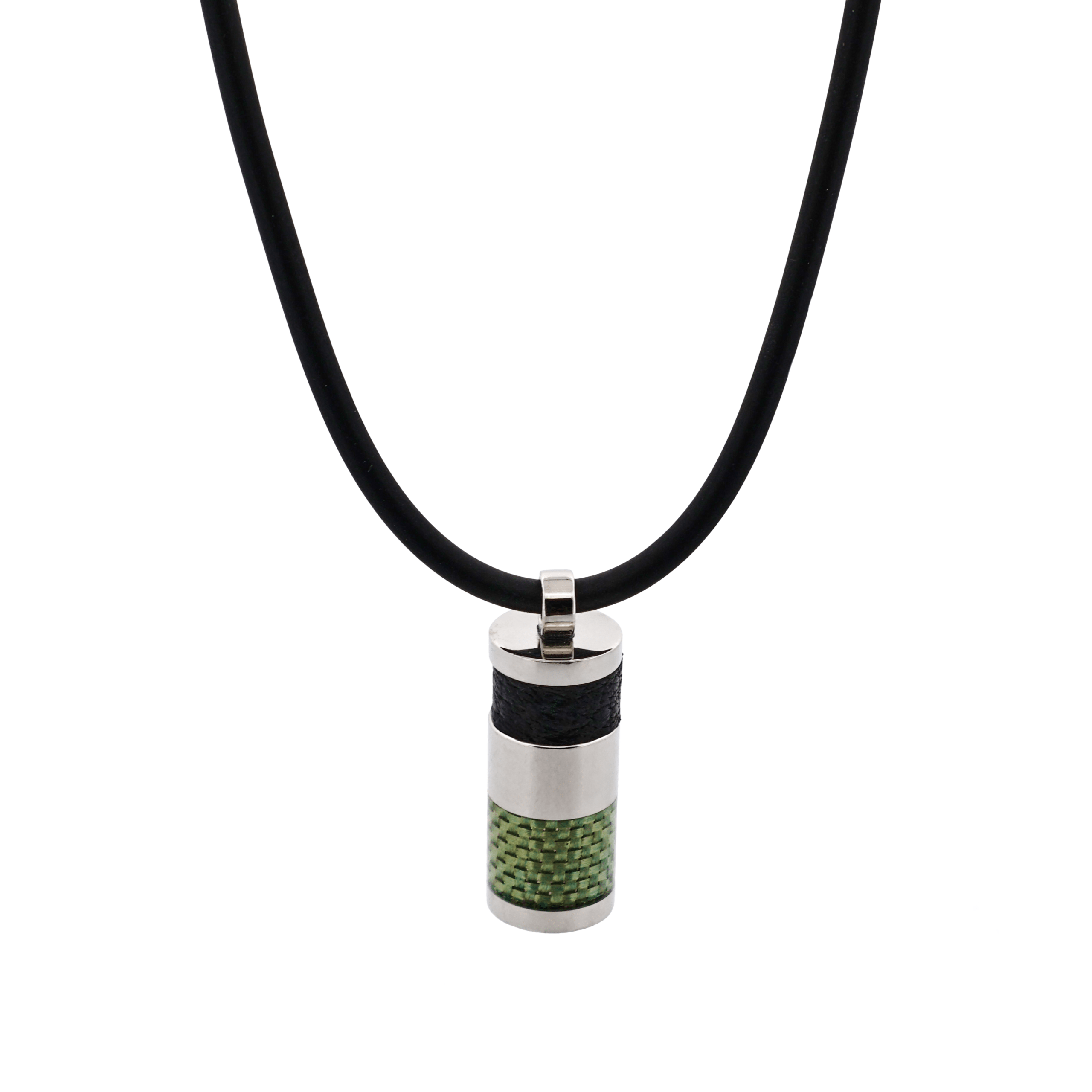 Stainless Steel & Green Carbon Cylinder Pendant & Leather on Rubber Chain Pendant