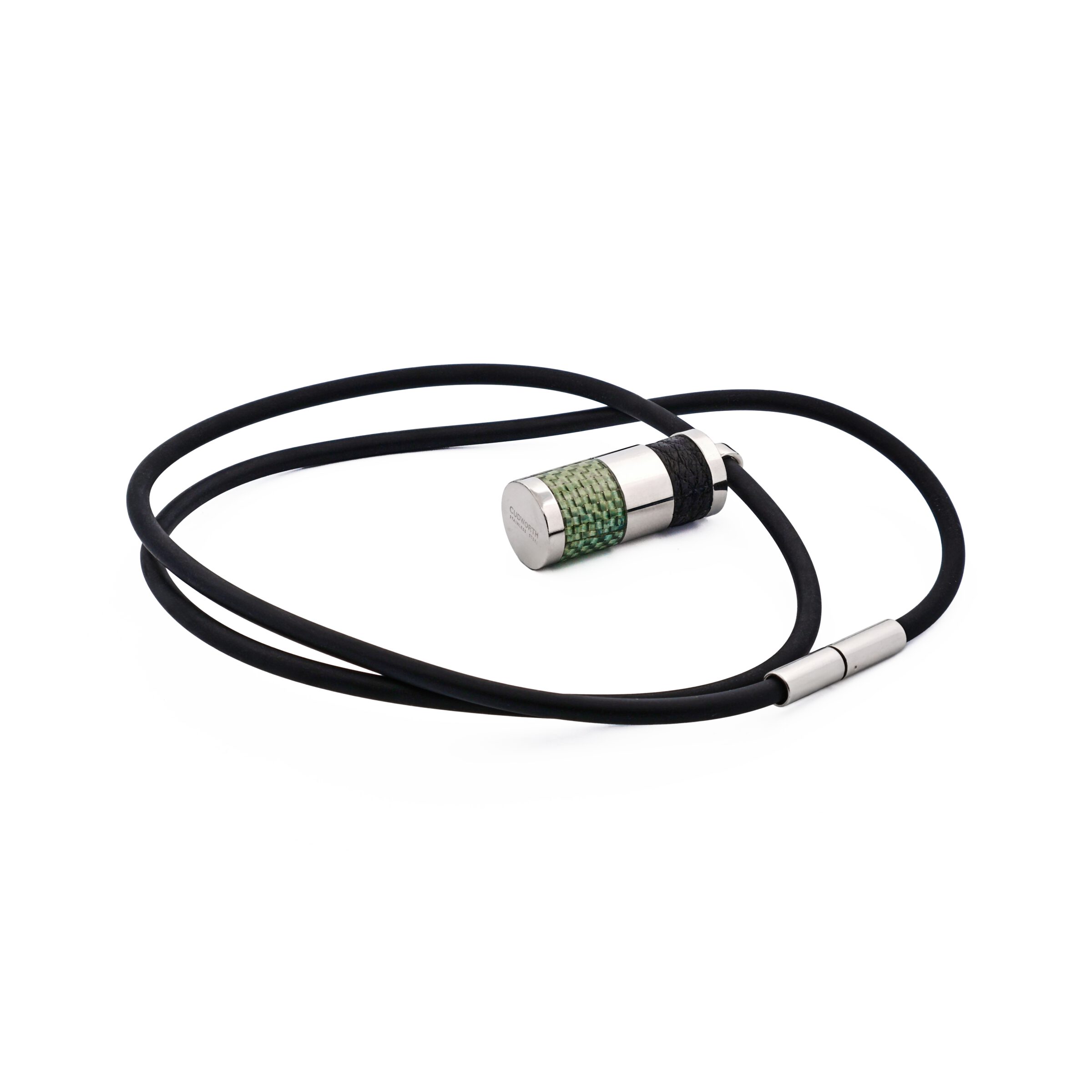 Stainless Steel & Green Carbon Cylinder Pendant & Leather on Rubber Chain Pendant