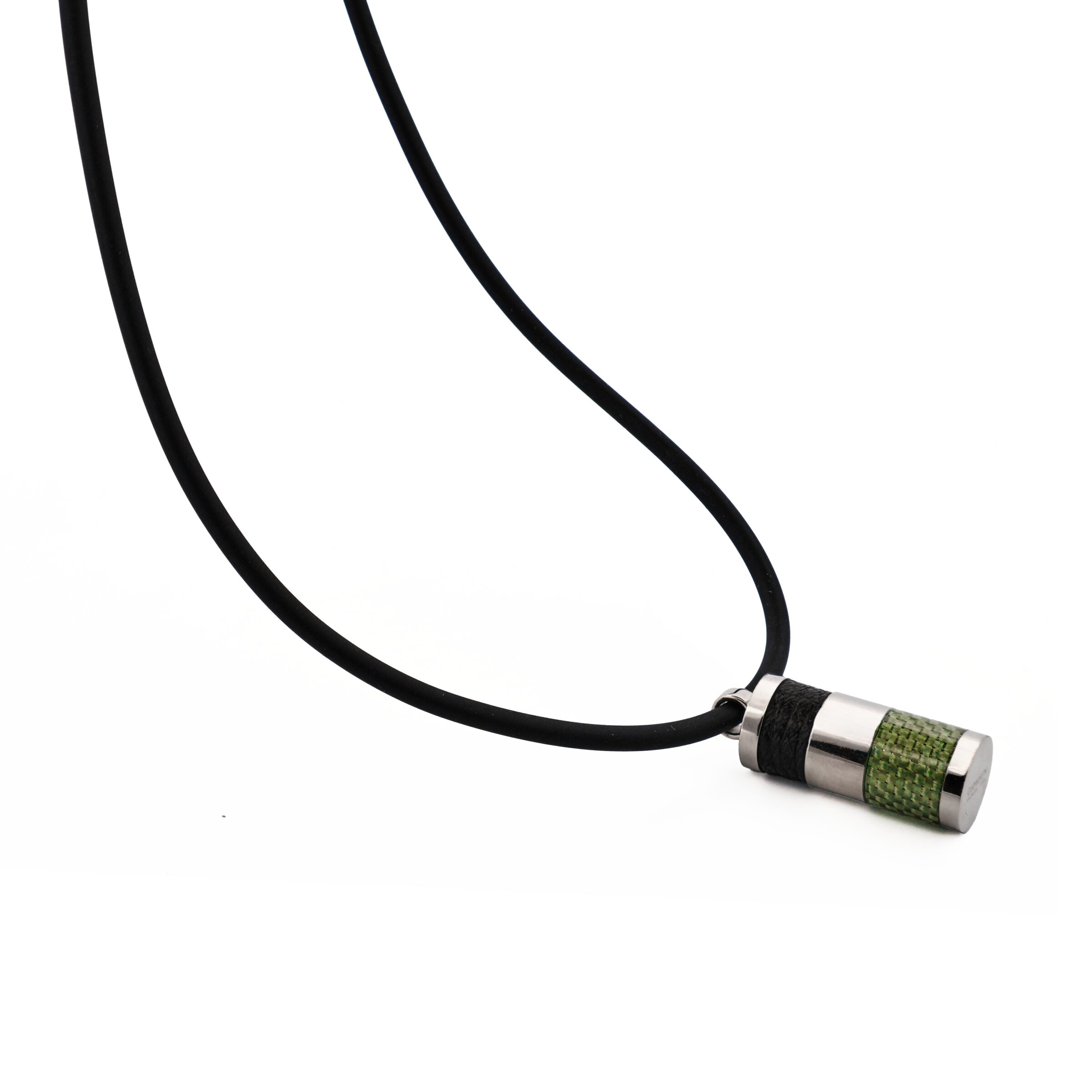 Stainless Steel & Green Carbon Cylinder Pendant & Leather on Rubber Chain Pendant