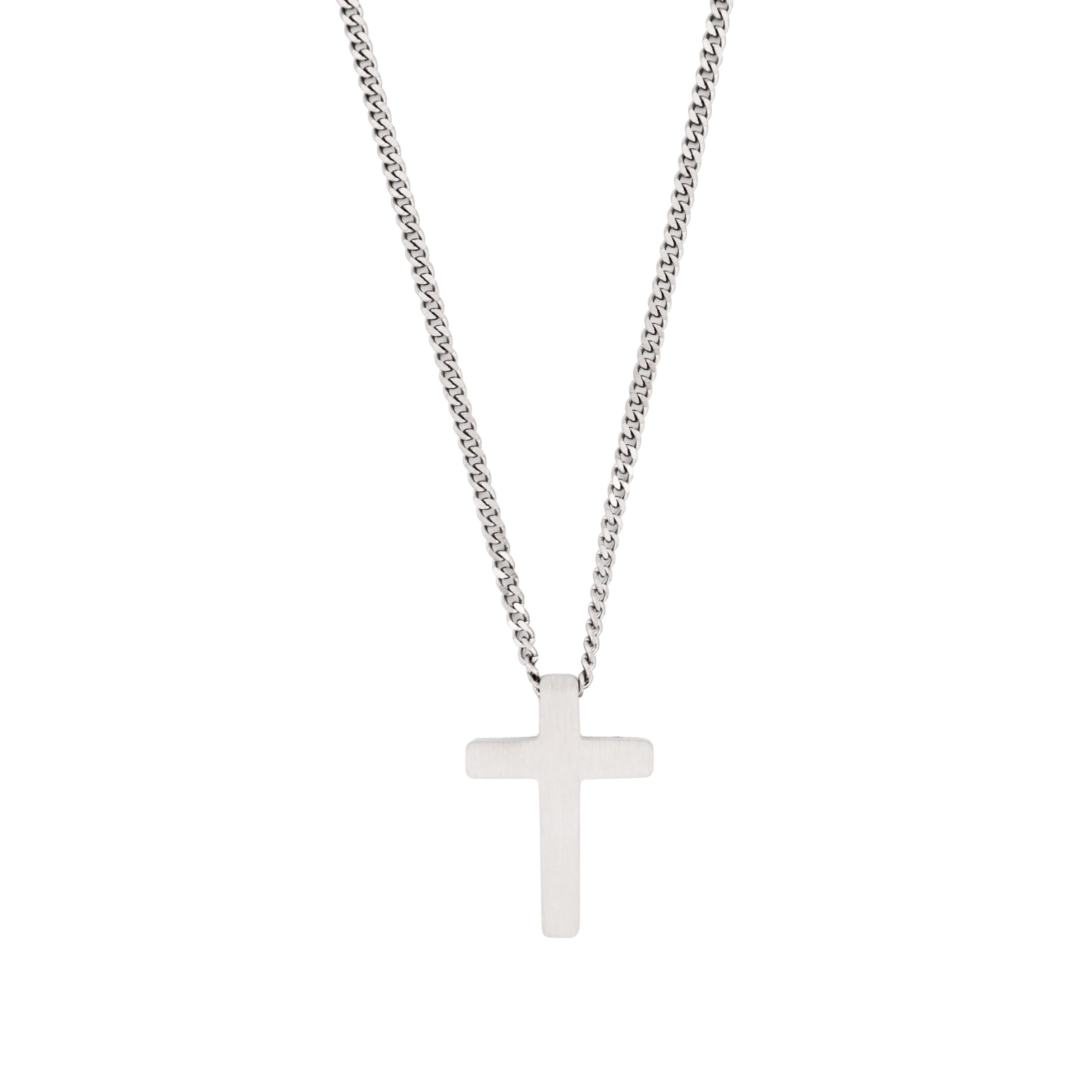 Small Brushed Stainless Steel Cross Pendant on Curb Link Chain
