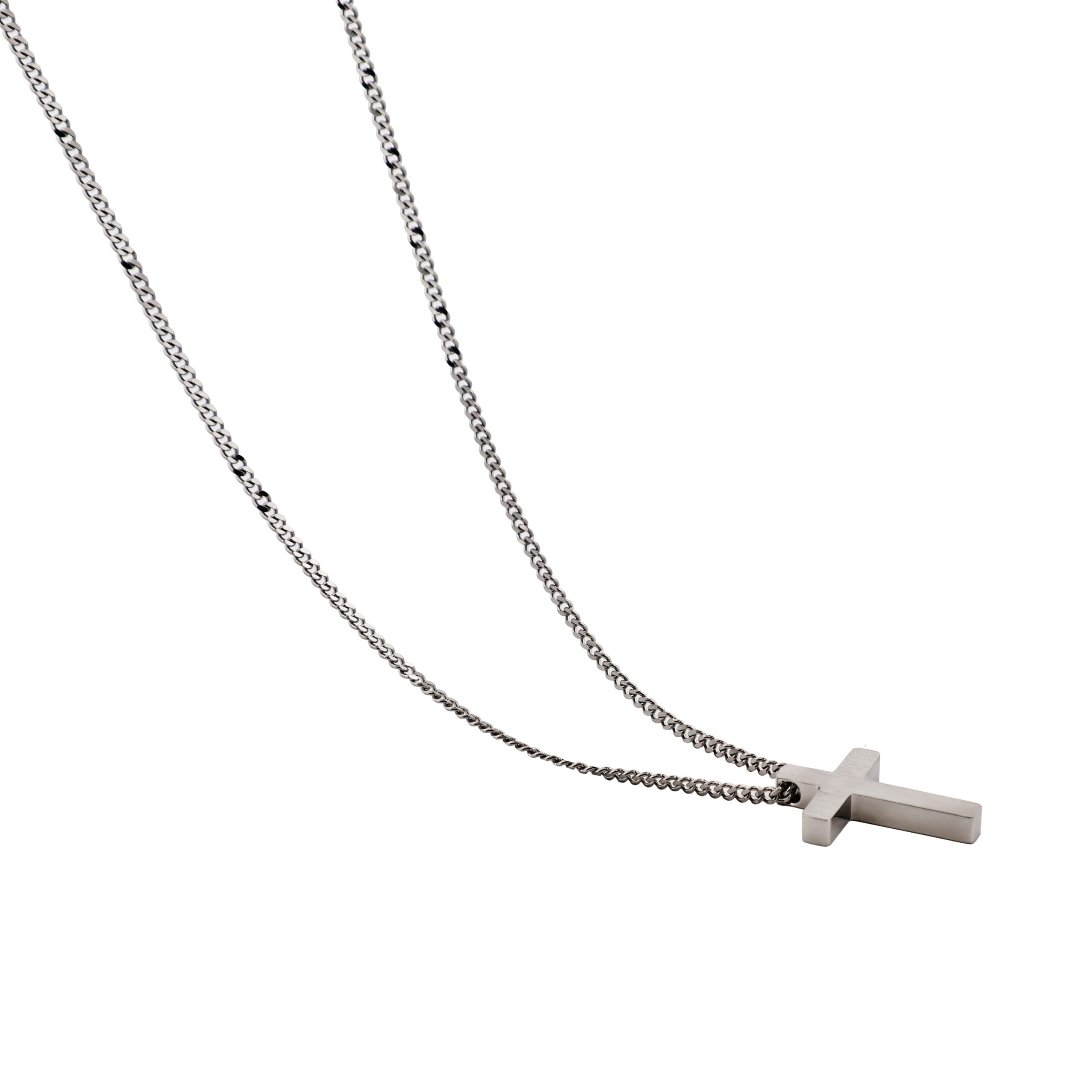 Small Brushed Stainless Steel Cross Pendant on Curb Link Chain
