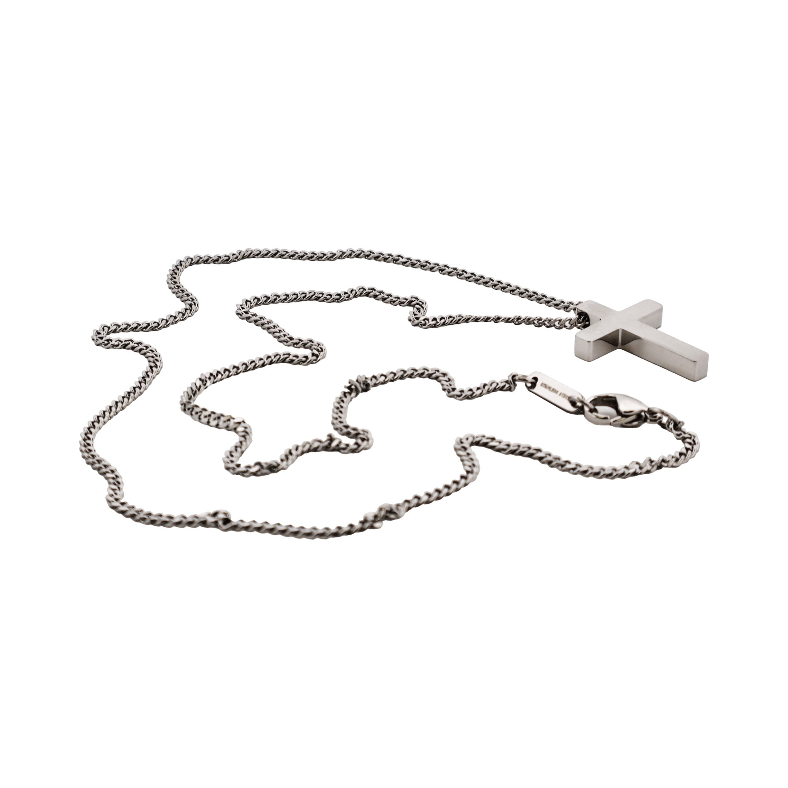Small Brushed Stainless Steel Cross Pendant on Curb Link Chain