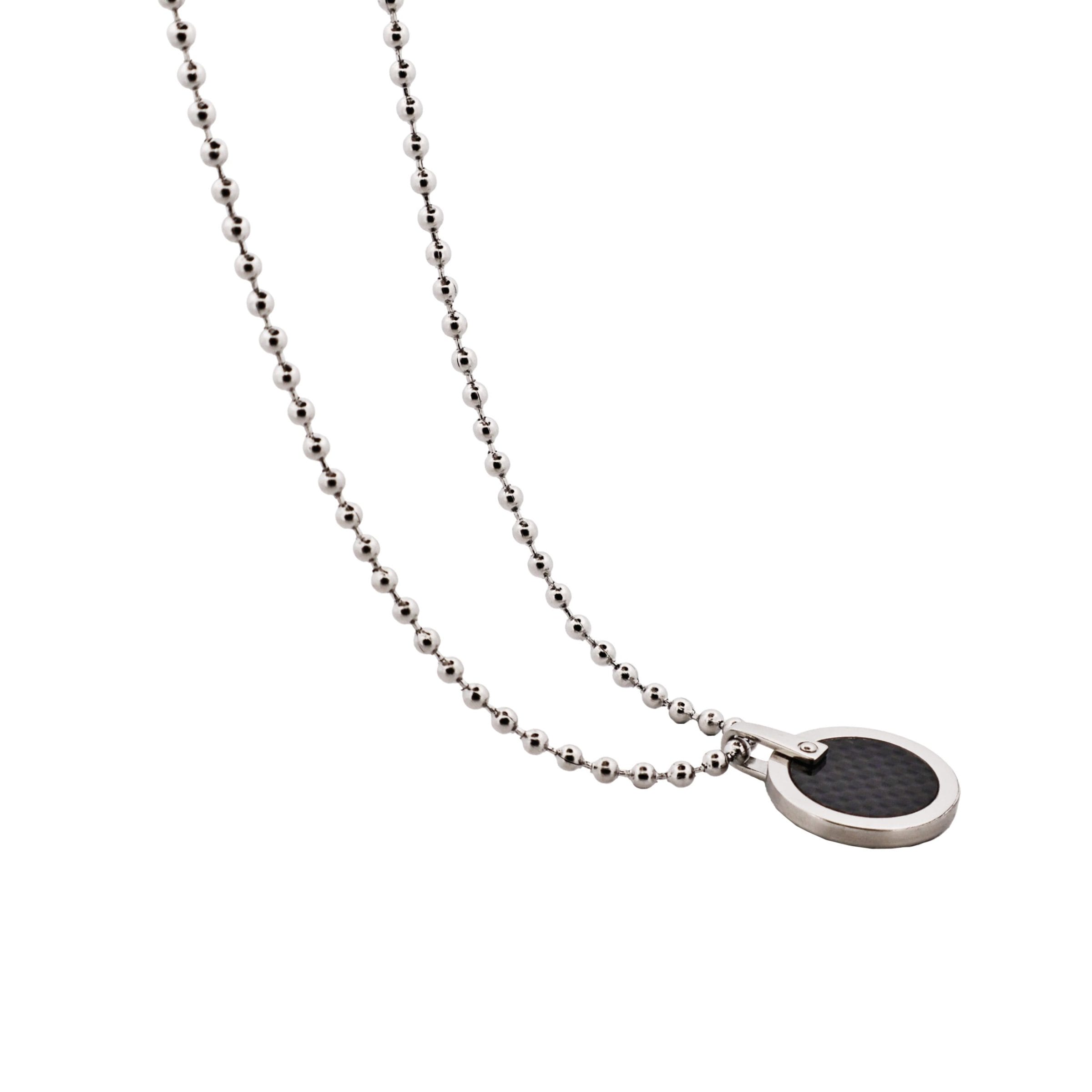 Stainless Steel & Carbon Round Shape Pendant & 55cm Ball Chain