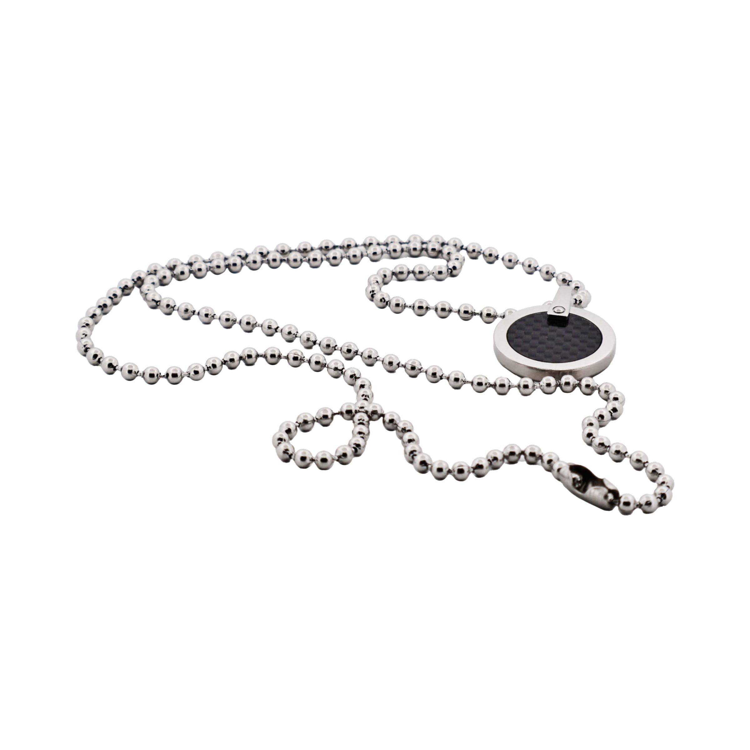 Stainless Steel & Carbon Round Shape Pendant & 55cm Ball Chain