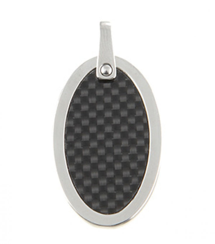 Polished Oval Stainless Steel Pendant with Carbon Fibre Inlay on Ball Chain