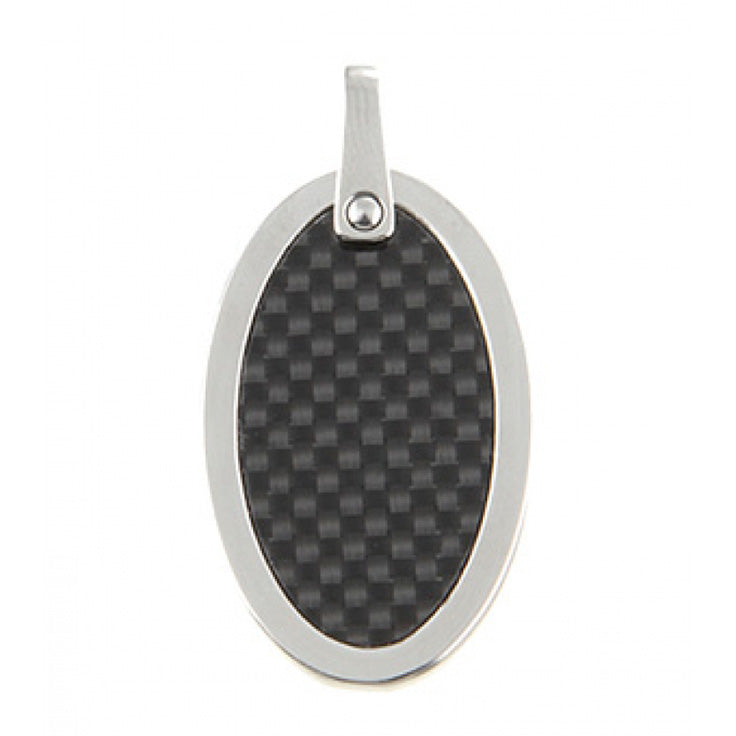 Polished Oval Stainless Steel Pendant with Carbon Fibre Inlay on Ball Chain