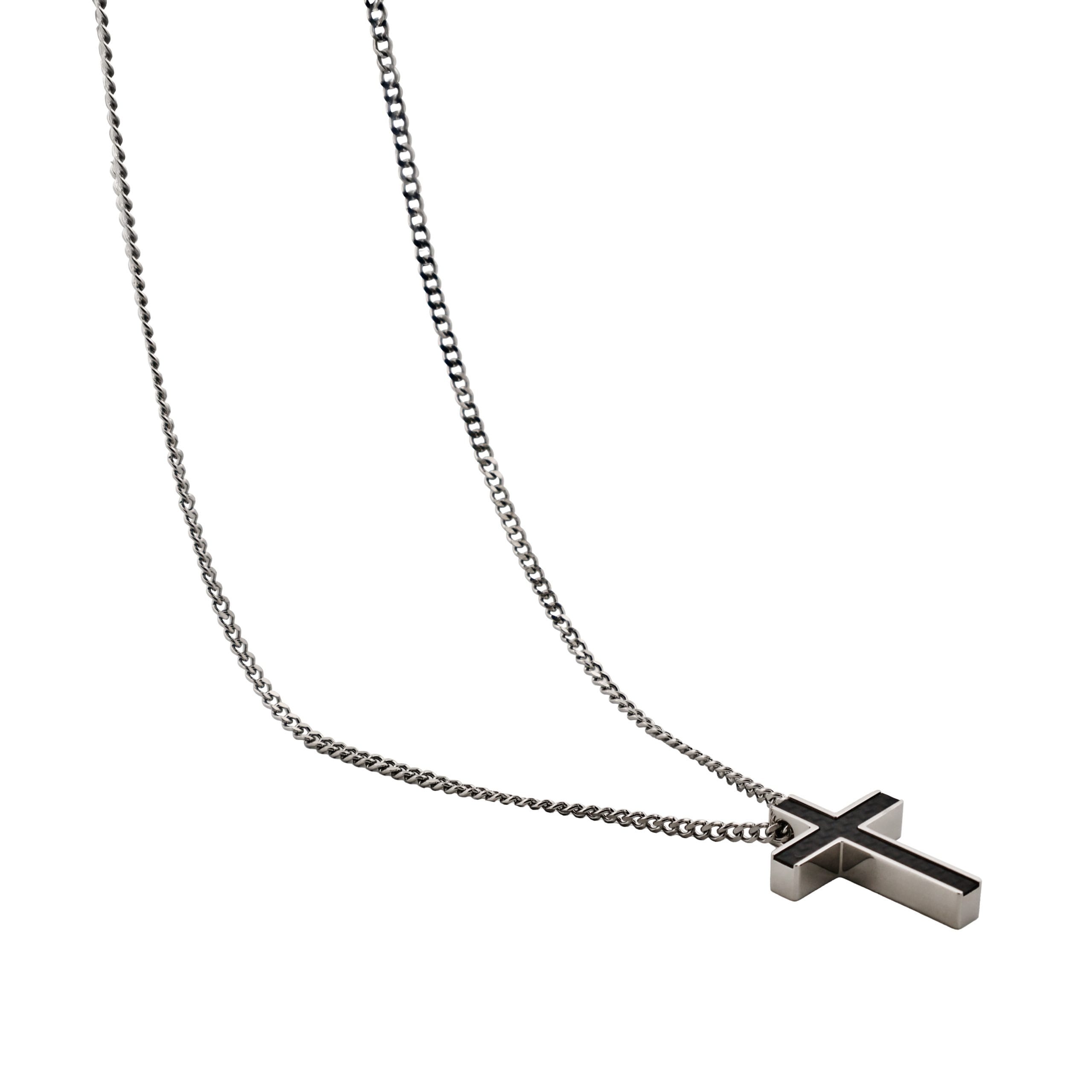 Stainless Steel & Carbon Fibre Cross Pendant on Curbed Link Chain