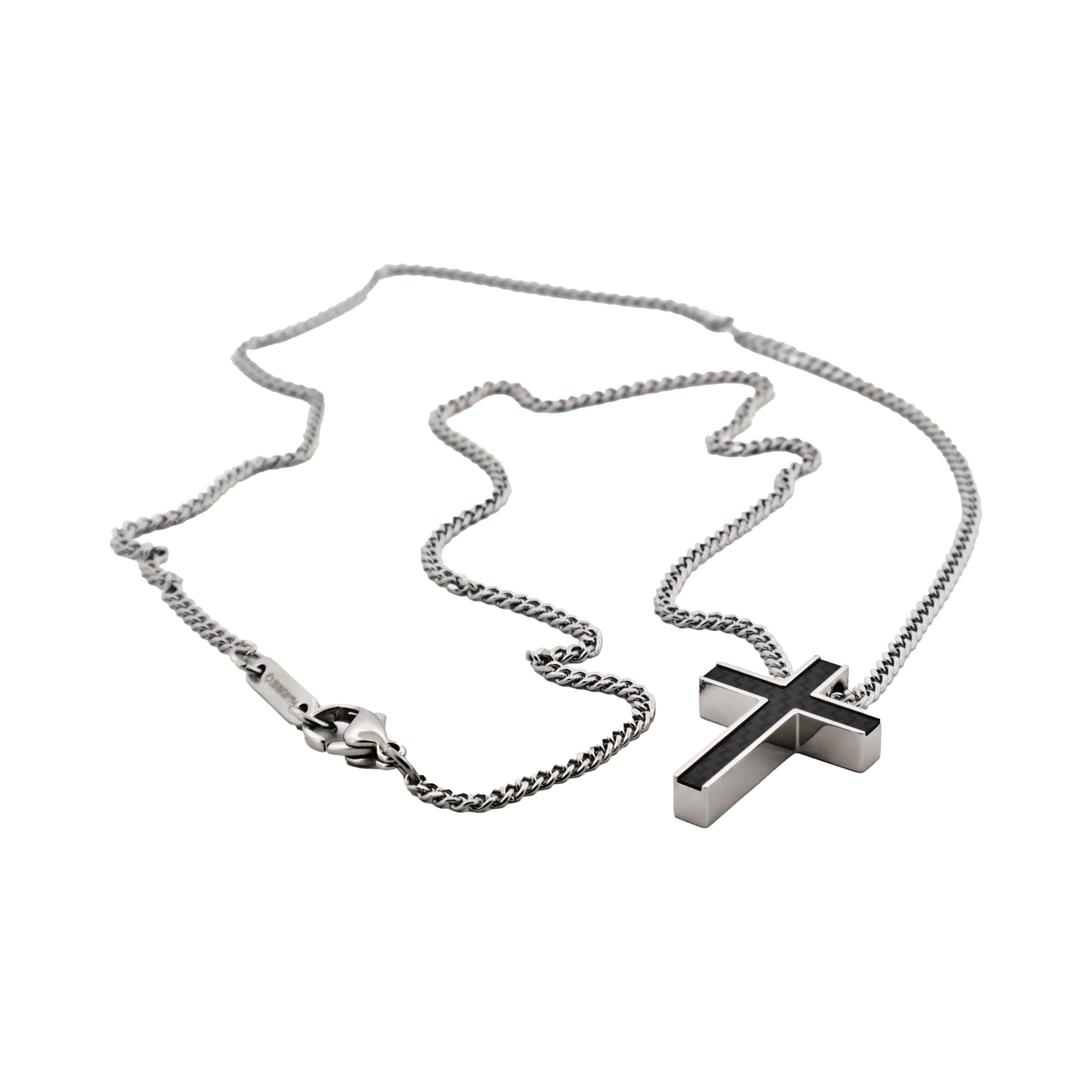 Stainless Steel & Carbon Fibre Cross Pendant on Curbed Link Chain