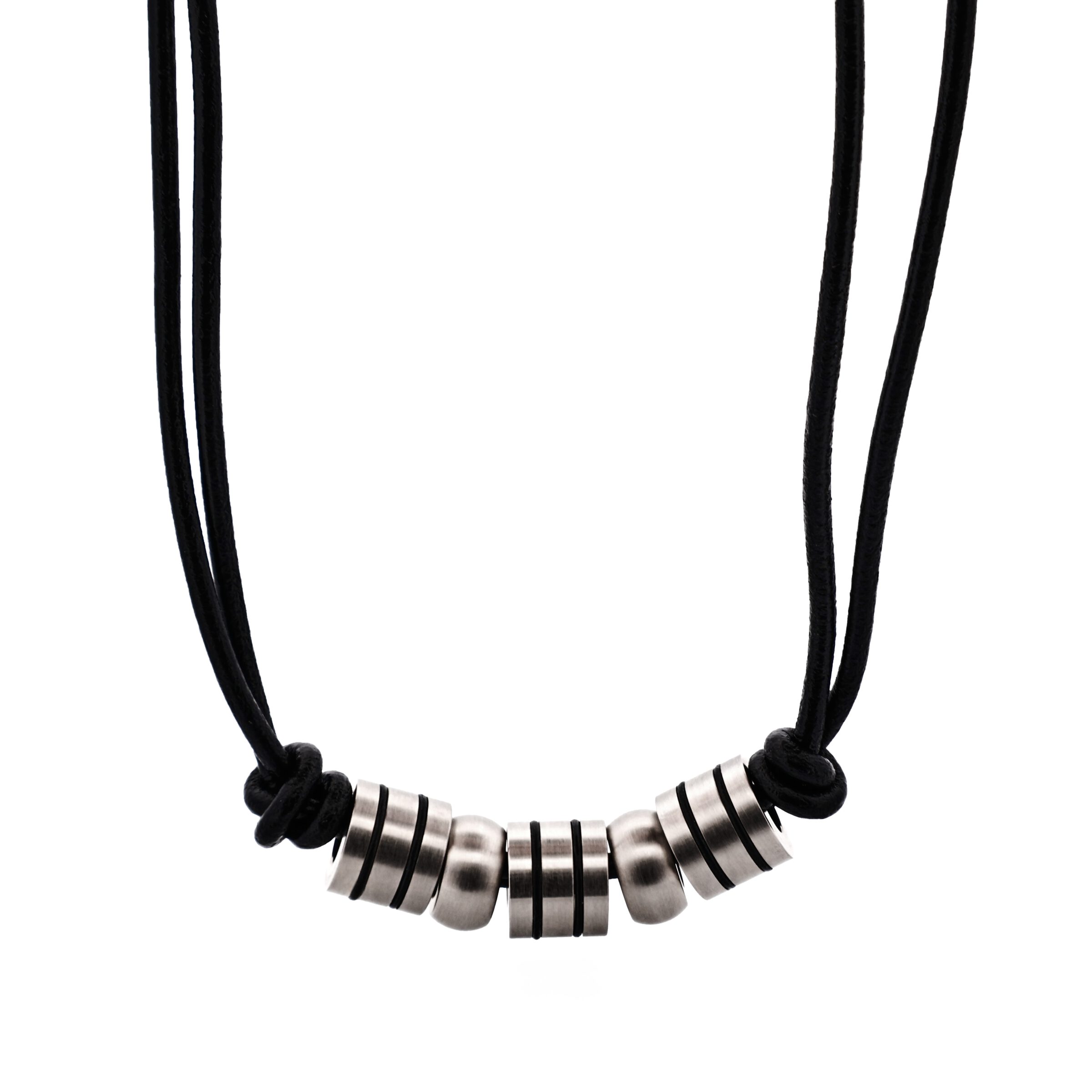 Stainless Steel Black Striped Beaded & Leather Neck Chain